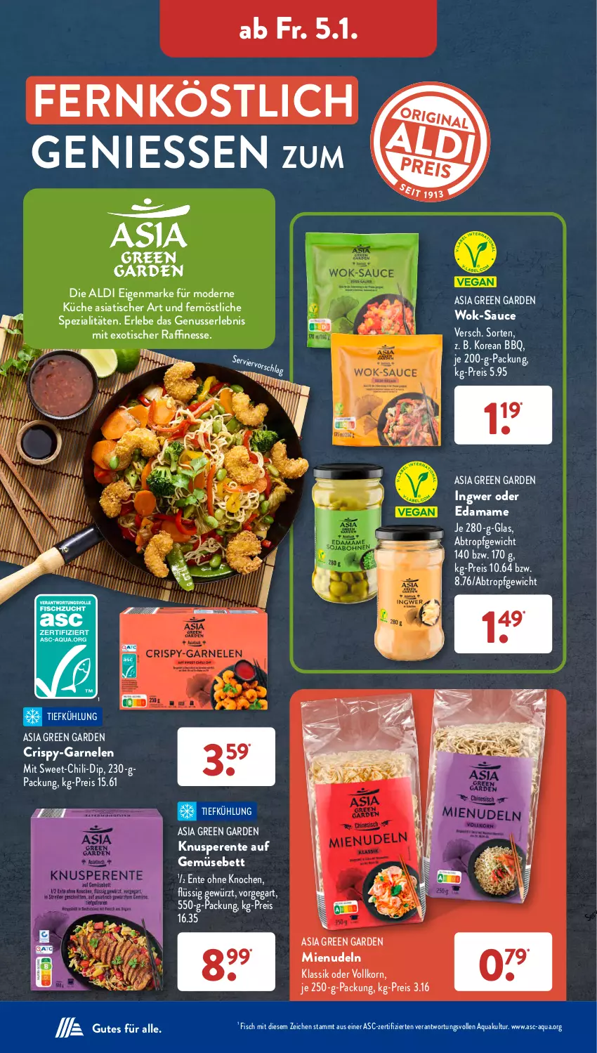 Aktueller Prospekt AldiSud - NÄCHSTE WOCHE - von 02.01 bis 06.01.2023 - strona 33 - produkty: aldi, aqua, Asia Green Garden, bett, chili, dip, eis, ente, finesse, fisch, garnelen, gewürz, ingwer, je 250-g-packung, korn, küche, mam, Mode, nudel, nudeln, nuss, reis, sauce, Spezi, Ti, tisch, wok