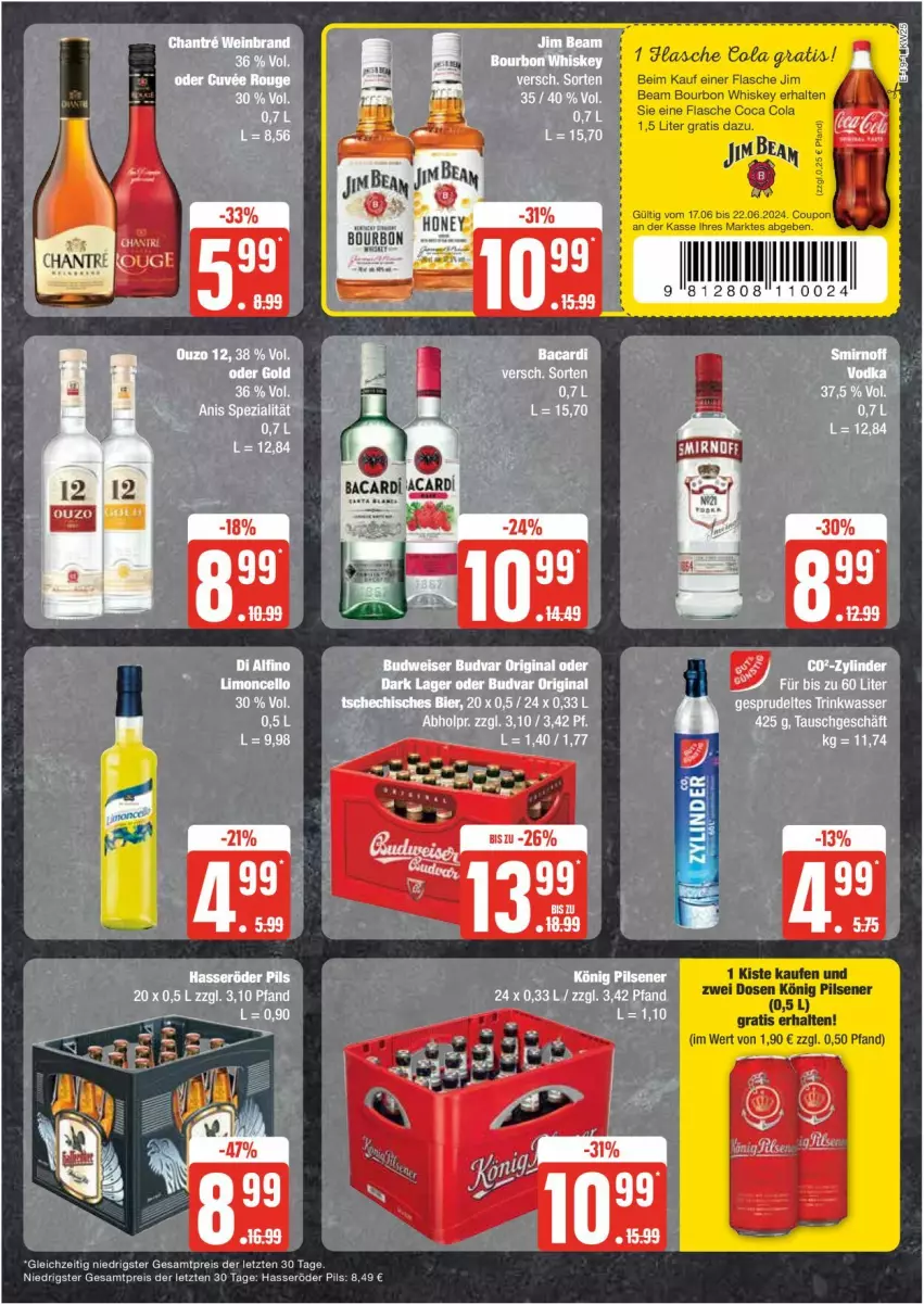 Aktueller Prospekt Edeka - Prospekte - von 17.06 bis 22.06.2024 - strona 19 - produkty: bourbon, cola, eis, flasche, hasseröder, könig pilsener, pils, pilsener, reis, Ti, ZTE