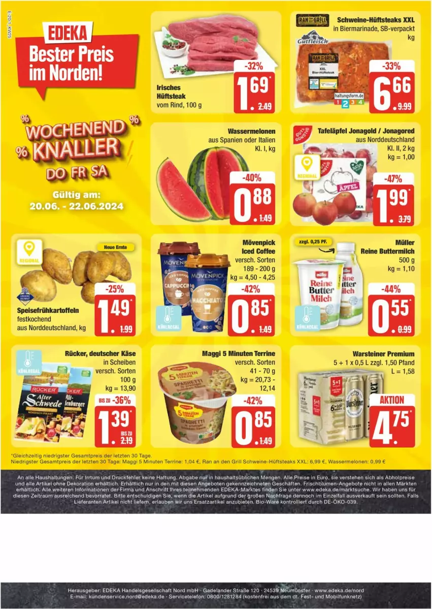 Aktueller Prospekt Edeka - Prospekte - von 17.06 bis 22.06.2024 - strona 20 - produkty: bier, eis, grill, hüftsteak, hüftsteaks, maggi, marinade, melone, melonen, mövenpick, reis, schwein, schweine, steak, steaks, terrine, Ti, wasser, wassermelone, wassermelonen, wein, weine, ZTE