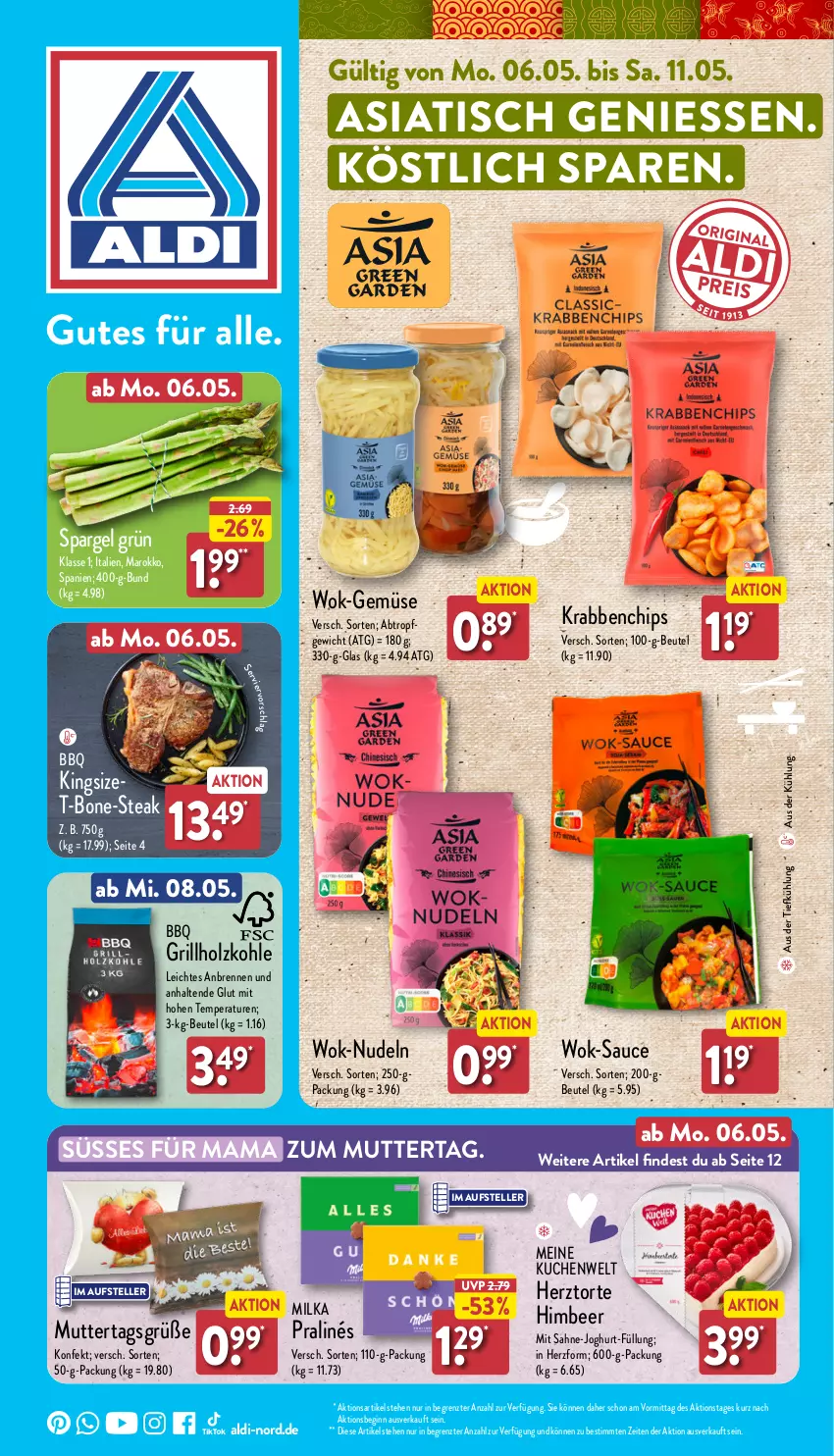 Aktueller Prospekt Aldi Nord - Von Montag - von 06.05 bis 11.05.2024 - strona 1 - produkty: aldi, aus der tiefkühlung, beutel, chips, elle, gin, grill, grillholzkohle, himbeer, Holz, holzkohle, joghur, joghurt, kuchen, mam, milka, nudel, nudeln, sahne, sauce, spargel, spargel grün, steak, teller, Ti, tisch, torte, wok, ZTE