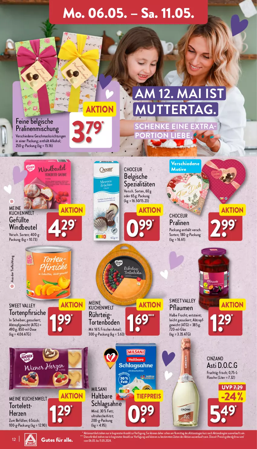 Aktueller Prospekt Aldi Nord - Von Montag - von 06.05 bis 11.05.2024 - strona 12 - produkty: alkohol, asti, aus der tiefkühlung, Belgische Pralinen, beutel, cin, cinzano, Cinzano Asti, eis, flasche, frucht, gin, kuchen, LG, mac, pfirsich, pfirsiche, pflaume, pflaumen, pralinen, reis, sahne, schlagsahne, Spezi, Ti, tiefpreis, torte, Windbeutel, ZTE, zucker