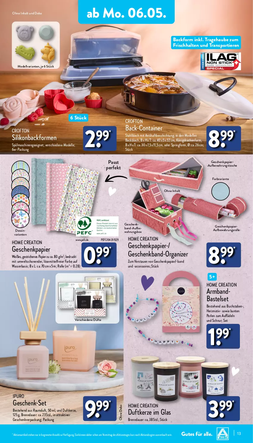 Aktueller Prospekt Aldi Nord - Von Montag - von 06.05 bis 11.05.2024 - strona 13 - produkty: ACC, accessoires, Armband, auer, aufbewahrungsbox, aufbewahrungstasche, Backform, buch, Container, Crofton, dell, Duftkerze, eier, elle, Geschenkpapier, gin, Ipuro, kerze, kuchen, Mode, papier, perlen, Raumduft, Ria, ring, Sport, Springform, spülmaschinen, Tasche, Ti, Tiere, wasser, ZTE