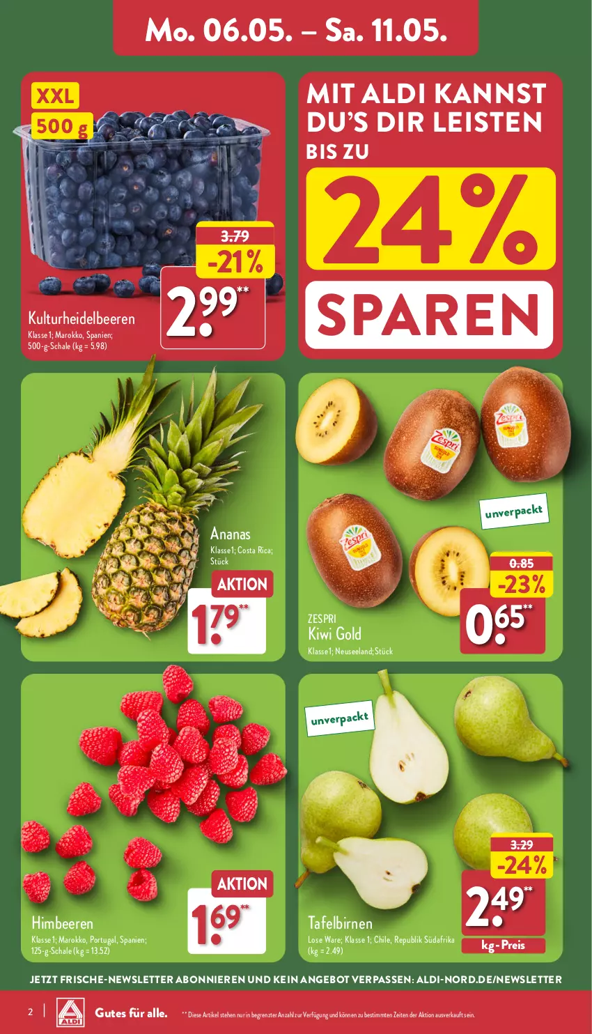 Aktueller Prospekt Aldi Nord - Von Montag - von 06.05 bis 11.05.2024 - strona 2 - produkty: aldi, ananas, angebot, beere, beeren, Birnen, eis, Elan, heidelbeere, heidelbeeren, himbeer, himbeere, himbeeren, kiwi, Kiwi Gold, reis, Schal, Schale, tafelbirnen, Ti, zespri, ZTE