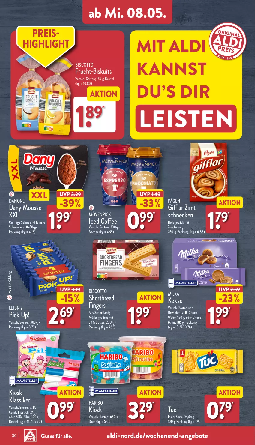 Aktueller Prospekt Aldi Nord - Von Montag - von 06.05 bis 11.05.2024 - strona 30 - produkty: aldi, angebot, angebote, Becher, beutel, biscotto, butter, danone, Dany, eis, elle, frucht, gin, haribo, Hefe, keks, kekse, leibniz, Lipstick, milka, mousse, mövenpick, Pick Up!, pilze, reis, sahne, schoko, schokolade, schott, teller, Ti, tuc