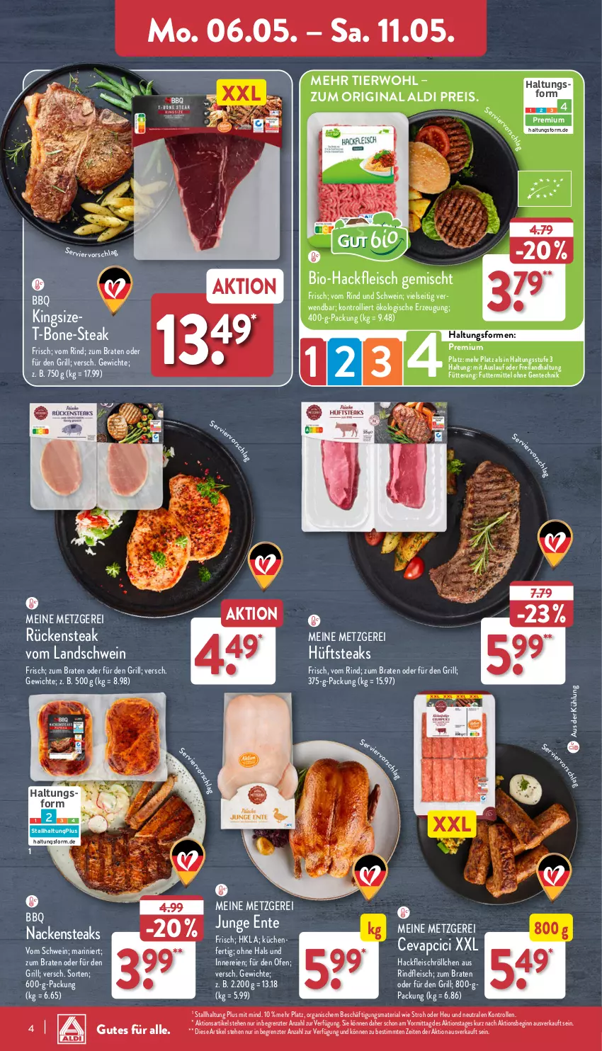 Aktueller Prospekt Aldi Nord - Von Montag - von 06.05 bis 11.05.2024 - strona 4 - produkty: aldi, bio, Bio-Hackfleisch, braten, cevapcici, eis, ente, fleisch, gin, grill, hackfleisch, hackfleisch gemischt, Heu, hüftsteak, hüftsteaks, küche, Küchen, Nackensteak, nackensteaks, Ofen, reis, Ria, rind, rindfleisch, Rückensteak, rwe, schwein, steak, steaks, Ti, trolli, wein, ZTE