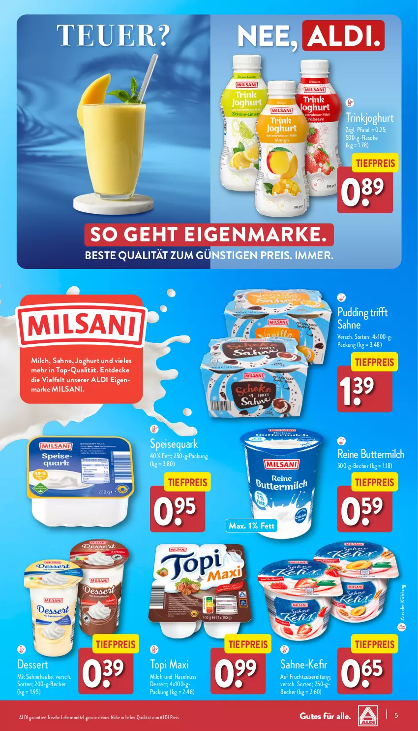 Aktueller Prospekt Aldi Nord - Von Montag - von 06.05 bis 11.05.2024 - strona 5 - produkty: aldi, Becher, butter, buttermilch, decke, dessert, eis, Eis Dessert, flasche, frucht, gin, haselnuss, joghur, joghurt, Kefir, lebensmittel, milch, nuss, pudding, quark, reine buttermilch, reis, sahne, speisequark, ssd, Ti, tiefpreis, ZTE