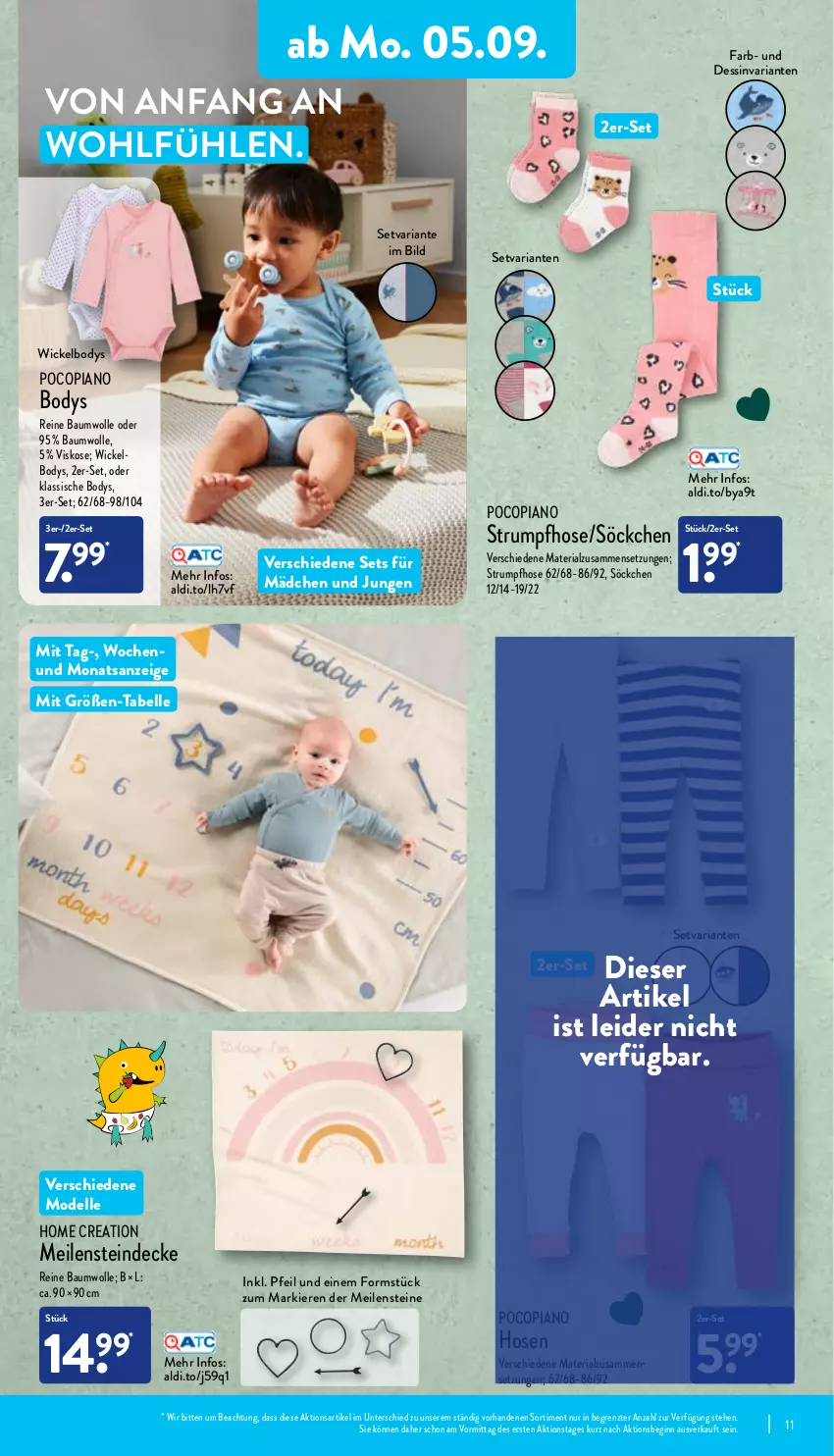 Aktueller Prospekt Aldi Nord - Aldi-Aktuell - von 05.09 bis 10.09.2022 - strona 11 - produkty: aldi, Bau, baumwolle, body, decke, dell, elle, gin, hose, hosen, Mode, pocopiano, reine baumwolle, Ria, rum, söckchen, Strumpfhose, Ti, WICK, Wickelbody, wolle, ZTE