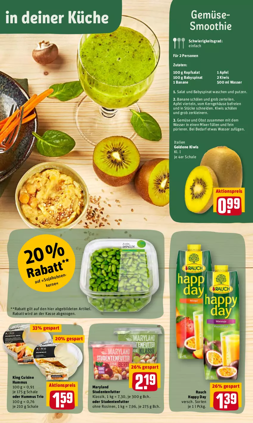 Aktueller Prospekt Rewe - Prospekte - von 28.02 bis 06.03.2022 - strona 13 - produkty: aktionspreis, apfel, Babyspinat, banane, eis, ente, Happy Day, hummus, kiwi, kopfsalat, küche, leine, Mixer, obst, Rauch, reis, salat, Schal, Schale, smoothie, spinat, studentenfutter, Ti, wasser