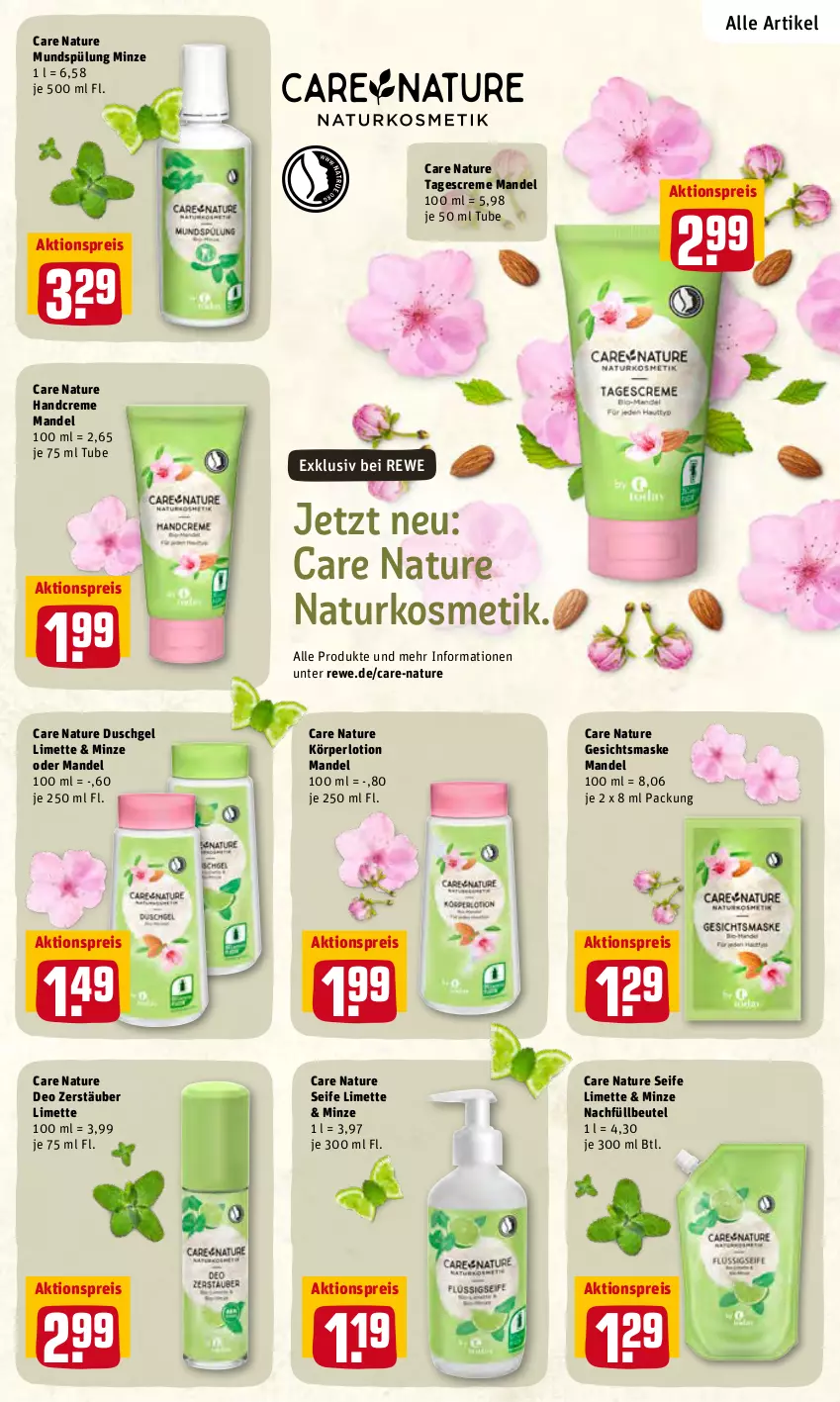 Aktueller Prospekt Rewe - Prospekte - von 28.02 bis 06.03.2022 - strona 24 - produkty: aktionspreis, beutel, creme, deo, duschgel, eis, Gesichtsmaske, handcreme, Körperlotion, kosmetik, limette, Lotion, mandel, Maske, Mett, minze, mundspülung, natur, naturkosmetik, reis, Seife, spülung, tagescreme, Ti