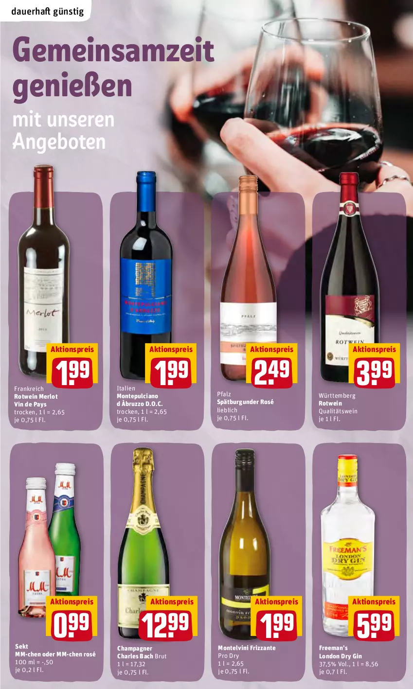 Aktueller Prospekt Rewe - Prospekte - von 28.02 bis 06.03.2022 - strona 25 - produkty: aktionspreis, angebot, angebote, auer, brut, burgunder, champagne, champagner, dry gin, eis, frizzante, gin, london dry, london dry gin, merl, merlot, monte, Montepulciano, qualitätswein, reis, rotwein, sekt, spätburgunder, Ti, wein