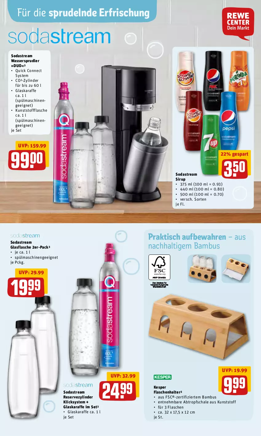 Aktueller Prospekt Rewe - Prospekte - von 28.02 bis 06.03.2022 - strona 27 - produkty: bambus, flasche, glasflasche, glaskaraffe, Karaffe, kesper, Schal, Schale, sirup, Soda, sodastream, Sprudel, spülmaschinen, Ti, tisch, wasser, wassersprudler