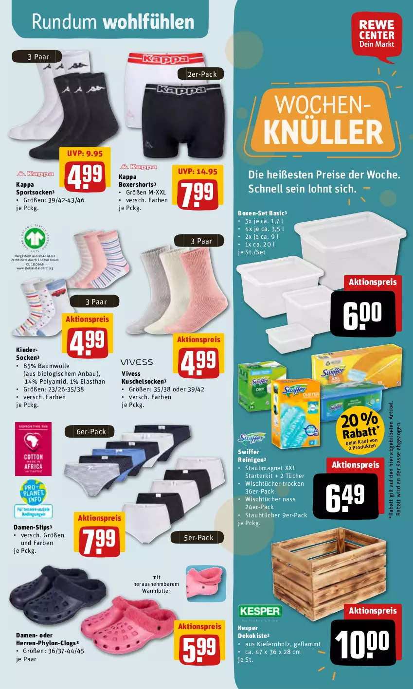 Aktueller Prospekt Rewe - Prospekte - von 28.02 bis 06.03.2022 - strona 29 - produkty: aktionspreis, Bau, baumwolle, bio, Clogs, Damen-Slip, damen-slips, eis, Holz, Hylo, kappa, kesper, Kinder, Kuschelsocken, lamm, reis, shorts, slip, slips, socken, Sport, sportsocken, staubmagnet, swiffer, Ti, tücher, wolle