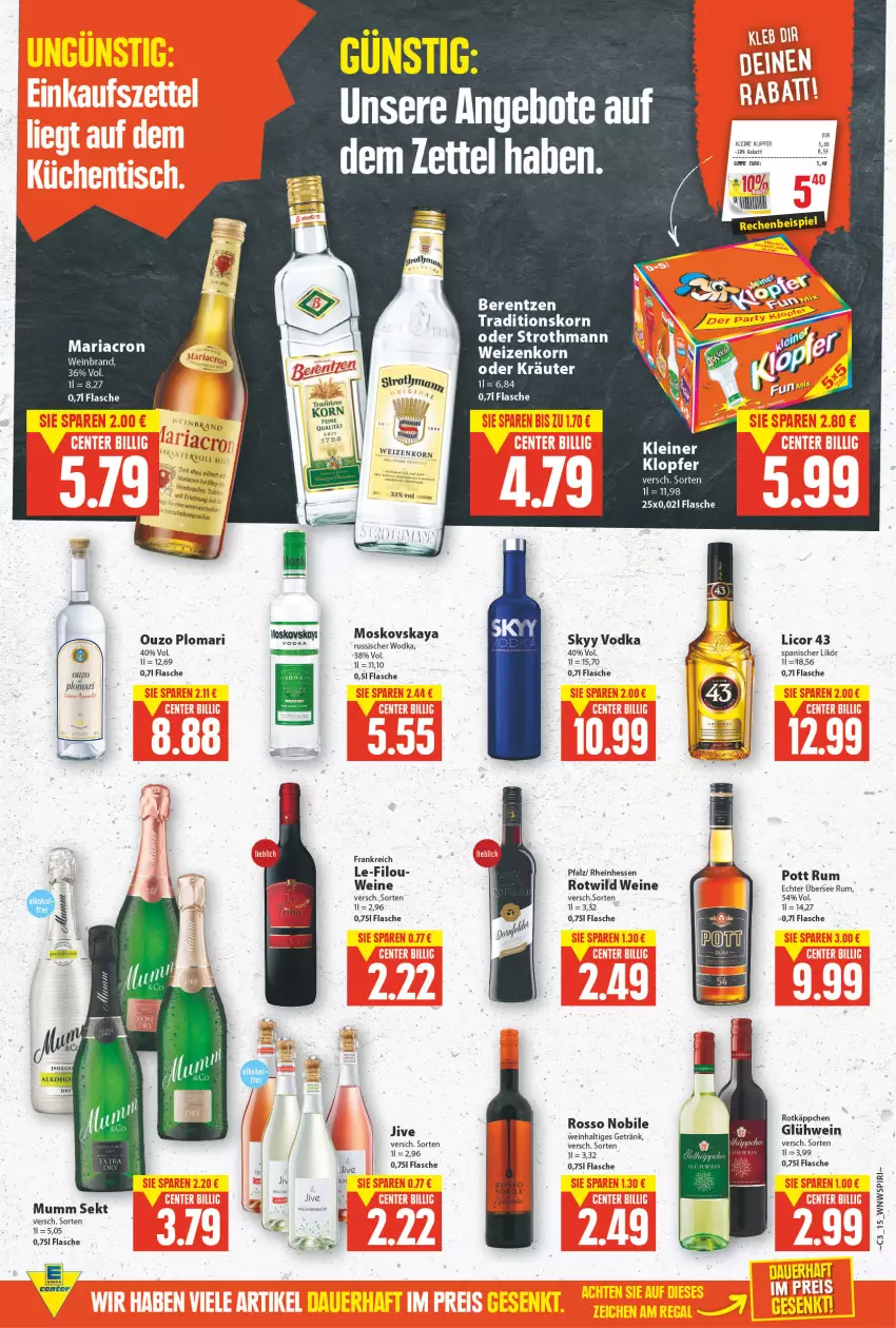 Aktueller Prospekt E Center - Angebote der Woche - von 17.01 bis 22.01.2022 - strona 14 - produkty: angebot, angebote, berentzen, eier, erde, flasche, getränk, korn, leine, licor, licor 43, likör, mariacron, moskovskaya, mumm, ouzo, Ria, rotkäppchen, rum, sekt, skyy, Skyy Vodka, Ti, vodka, wein, weinbrand, weine, weizenkorn, Wild