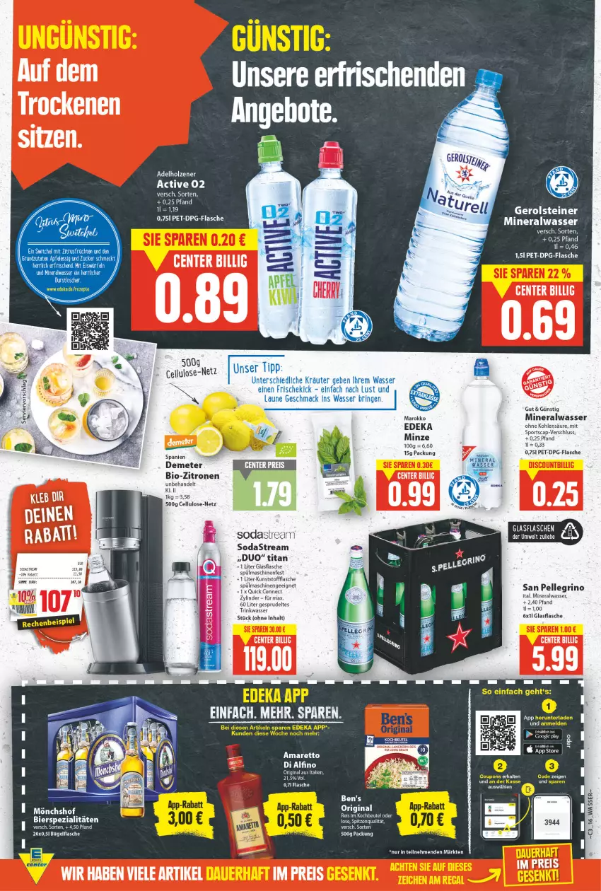 Aktueller Prospekt E Center - Angebote der Woche - von 17.01 bis 22.01.2022 - strona 15 - produkty: adelholzener, Alwa, Amaretto, beutel, bier, bierspezialitäten, bio, bio-zitronen, bügel, bügelflasche, Cap, deka, eis, elle, ente, flasche, gin, glasflasche, Holz, kochbeutel, LG, mineralwasser, minze, mönchshof, reis, san pellegrino, Soda, sodastream, Spezi, spitzenqualität, Sport, Sprudel, spülmaschinen, Ti, wasser, zitrone, zitronen