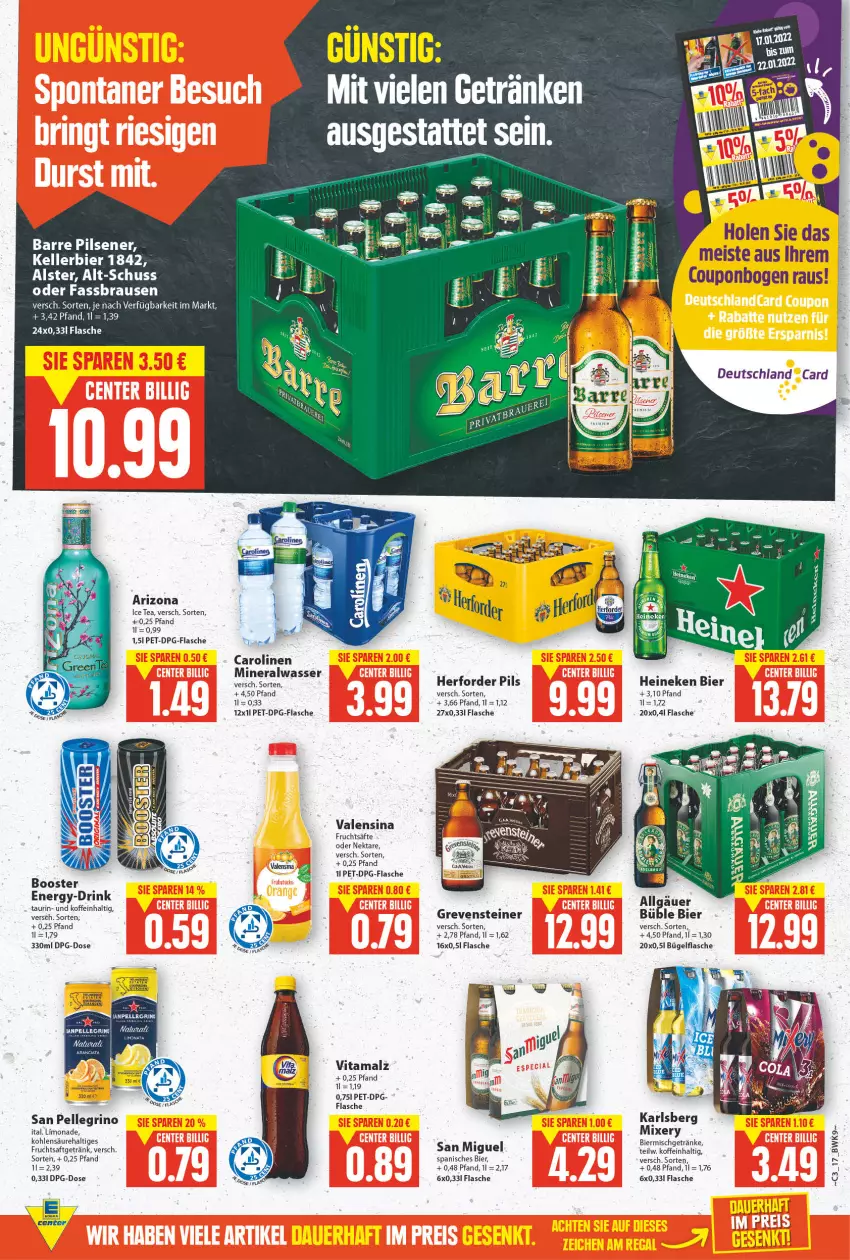 Aktueller Prospekt E Center - Angebote der Woche - von 17.01 bis 22.01.2022 - strona 16 - produkty: Alwa, bier, brause, bügel, bügelflasche, coupon, drink, eis, elle, fassbrause, flasche, frucht, fruchtsaft, fruchtsäfte, fruchtsaftgetränk, getränk, getränke, grevensteiner, heineken, ice tea, karlsberg, karlsberg mixery, kellerbier, LG, limo, limonade, malz, mineralwasser, Mixer, mixery, Nektar, orange, orangen, pils, pilsener, saft, säfte, san pellegrino, steiner, Ti, valensina, vita, vitamalz, wasser