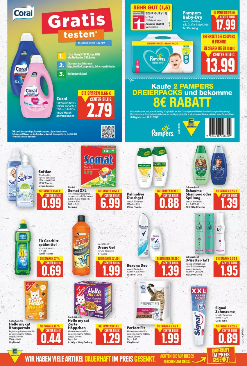 Aktueller Prospekt E Center - Angebote der Woche - von 17.01 bis 22.01.2022 - strona 17 - produkty: alleinfuttermittel, arla, auer, baby-dry, beko, beutel, Coral, coupon, coupons, creme, deo, eier, eis, ente, erde, feinwaschmittel, flasche, geschirr, Haarlack, haarspray, henkel, lack, limette, Mett, oder schaumfestiger, pampers, Perfect Fit, regal, reis, rexona, Ria, schauma, schaumfestiger, schwarzkop, schwarzkopf, Signal, Softlan, somat, spülmaschinen, spülmittel, Taft, tee, Ti, tisch, waschmittel, weichspüler, windeln, zahncreme, zitrone