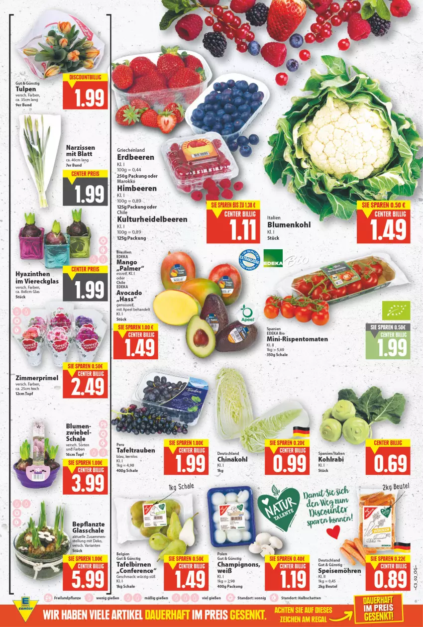 Aktueller Prospekt E Center - Angebote der Woche - von 17.01 bis 22.01.2022 - strona 2 - produkty: avocado, Bau, beere, beeren, beutel, bio, Birnen, blume, blumen, blumenkohl, champignon, champignons, deka, edeka bio, eis, elle, erdbeere, erdbeeren, heidelbeere, heidelbeeren, himbeer, himbeere, himbeeren, kohlrabi, LG, mac, mango, mini-rispentomaten, möhren, Narzissen, nuss, pflanze, Ria, rispentomaten, Schal, Schale, speisemöhren, tafelbirnen, tafeltrauben, Ti, tomate, tomaten, topf, trauben, ZTE, zwiebel