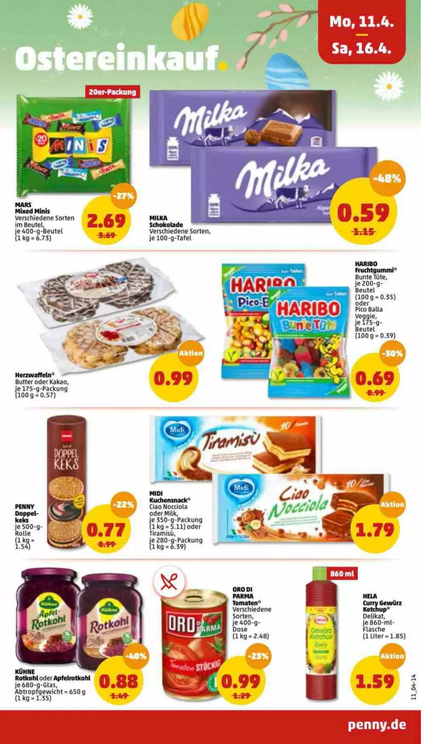 Aktueller Prospekt Penny - Prospekte - von 11.04 bis 16.04.2022 - strona 11 - produkty: apfel, ball, beutel, butter, flasche, frucht, fruchtgummi, haribo, kakao, kuchen, Kühne, milka, rotkohl, schoko, schokolade, snack, Ti, tomate, tomaten, Tüte, veggie, Yo