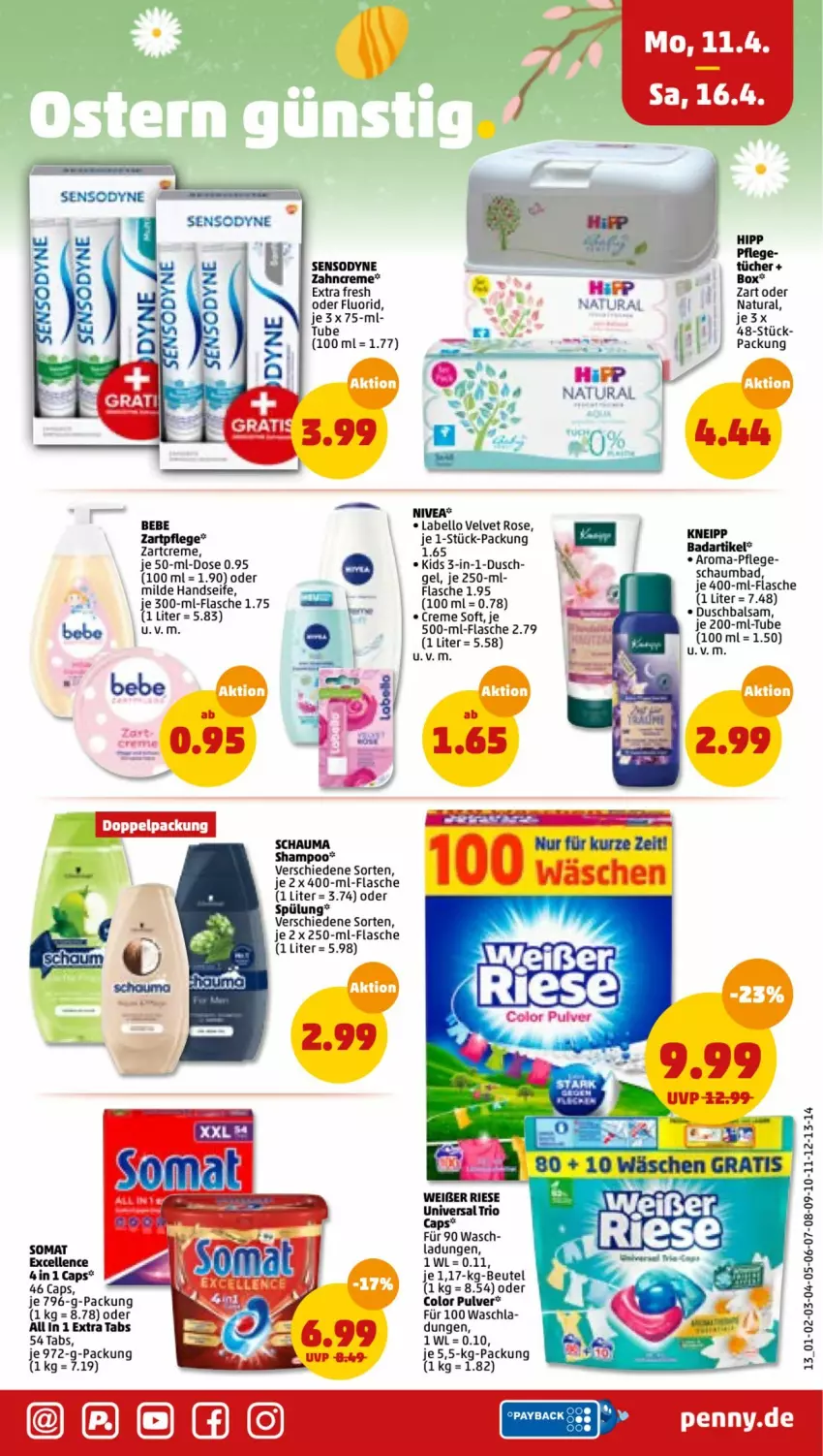 Aktueller Prospekt Penny - Prospekte - von 11.04 bis 16.04.2022 - strona 13 - produkty: Bad, balsam, Bebe, beutel, Cap, creme, elle, flasche, Handseife, hipp, je 500-ml-flasche, kneipp, Labello, natur, natura, nivea, schauma, schauma shampoo, schaumbad, Seife, sensodyne, shampoo, somat, spülung, Ti, tücher, velvet, zahncreme