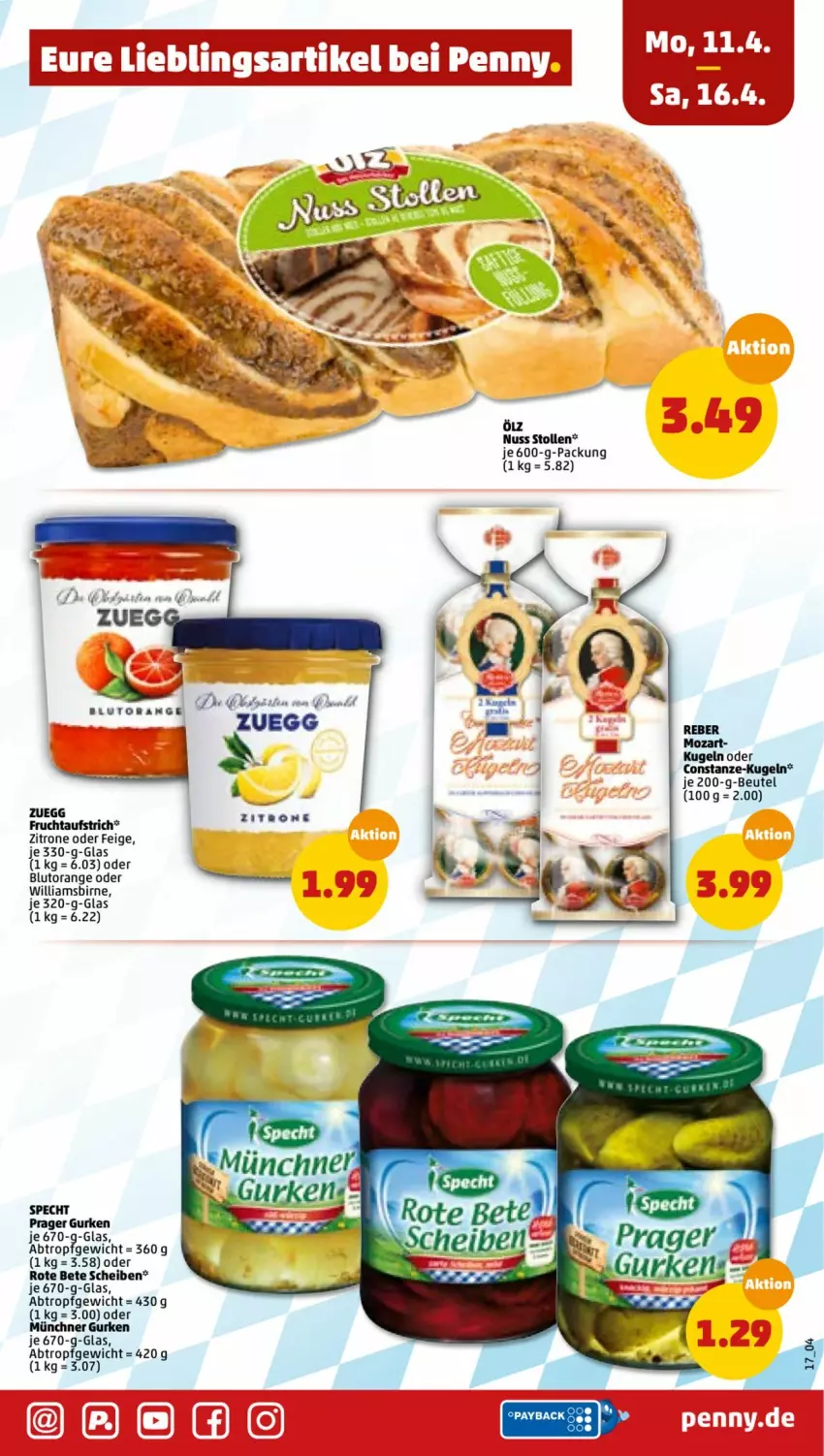 Aktueller Prospekt Penny - Prospekte - von 11.04 bis 16.04.2022 - strona 17 - produkty: aufstrich, beutel, Blutorange, frucht, fruchtaufstrich, gurke, gurken, Kugel, nuss, orange, specht, Stollen, Ti, zitrone, zuegg