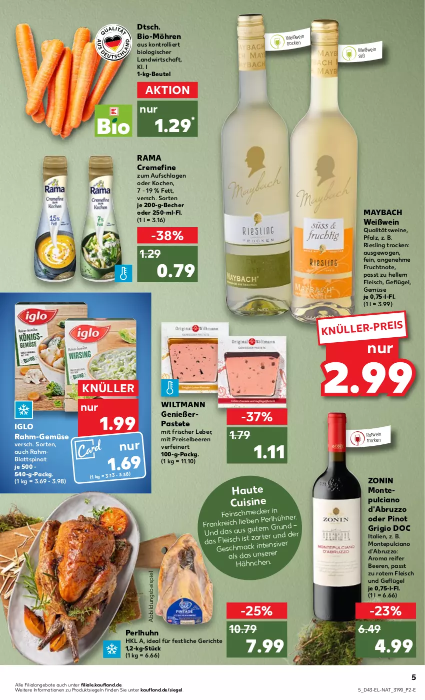 Aktueller Prospekt Kaufland - von 27.10 bis 02.11.2022 - strona 5 - produkty: angebot, angebote, Becher, beere, beeren, beutel, bio, blattspinat, creme, eis, elle, fleisch, frucht, Geflügel, iglo, mac, maybach, möhren, monte, Montepulciano, pastete, Pinot, pinot grigio, qualitätswein, qualitätsweine, rahm-gemüse, rama, rama cremefine, reis, riesling, rotwein, spinat, Ti, trolli, wein, weine, Weißwein, wiltmann, zonin