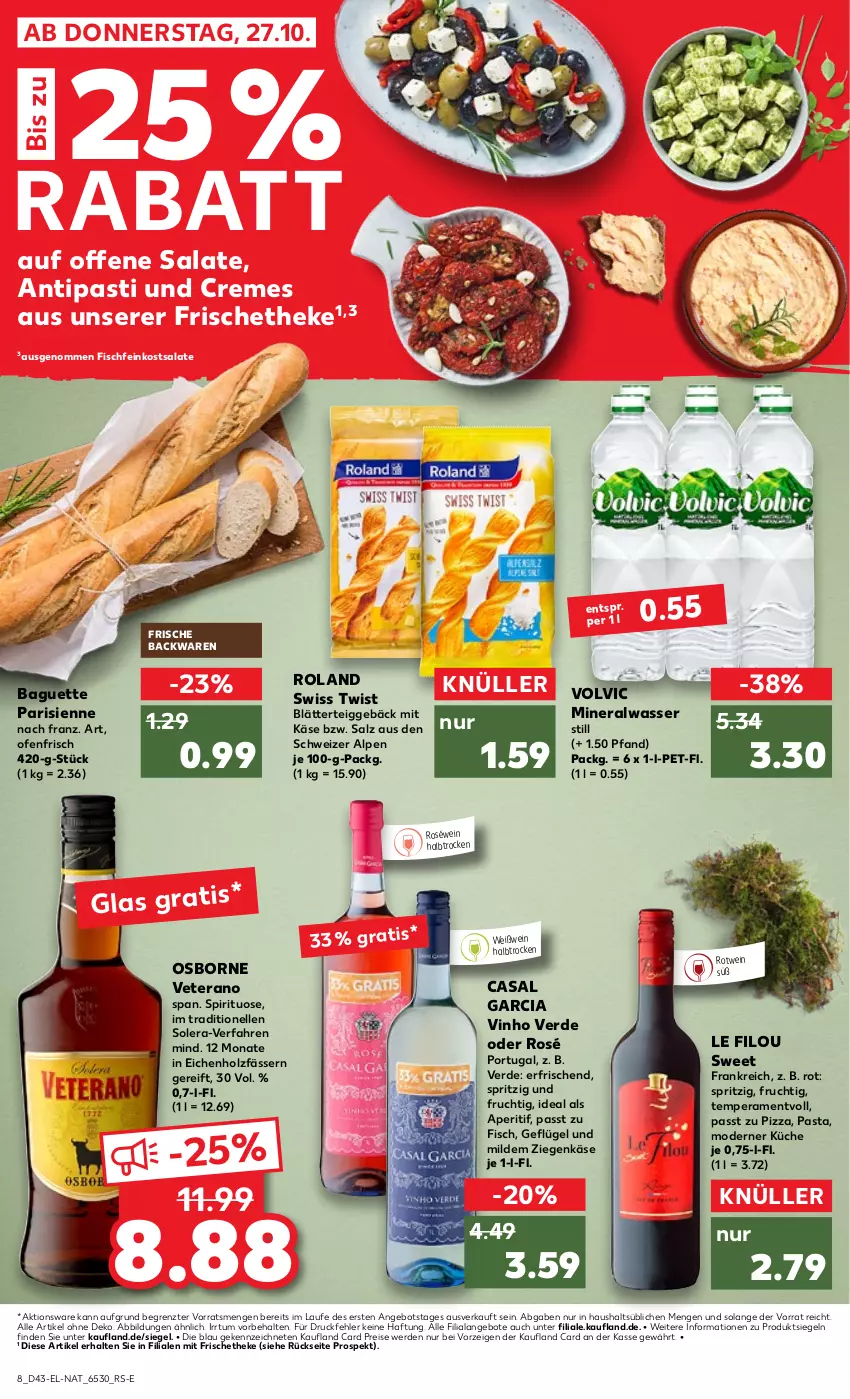 Aktueller Prospekt Kaufland - von 27.10 bis 02.11.2022 - strona 8 - produkty: Alwa, angebot, angebote, antipasti, aperitif, asti, backwaren, baguette, blätterteig, blätterteiggebäck, casal garcia, creme, eis, elle, erde, feinkost, feinkostsalate, fisch, Fischfeinkost, frische backwaren, frucht, Geflügel, Holz, Käse, küche, mineralwasser, Mineralwasser Still, Mode, Ofen, osborne, pasta, pizza, reis, roséwein, rotwein, salat, salate, salz, Ti, veterano, vinho verde, volvic, wasser, wein, Weißwein, ziegenkäse, ZTE