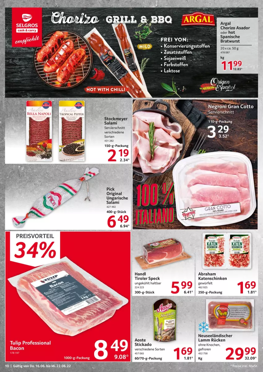 Aktueller Prospekt Selgros - Food - von 16.06 bis 22.06.2022 - strona 10 - produkty: bratwurst, chorizo, gin, hakle, katenschinken, lamm, salami, schinken, soja, Speck, stickado, stockmeyer, Ti, Ungarische Salami, würfel, wurst