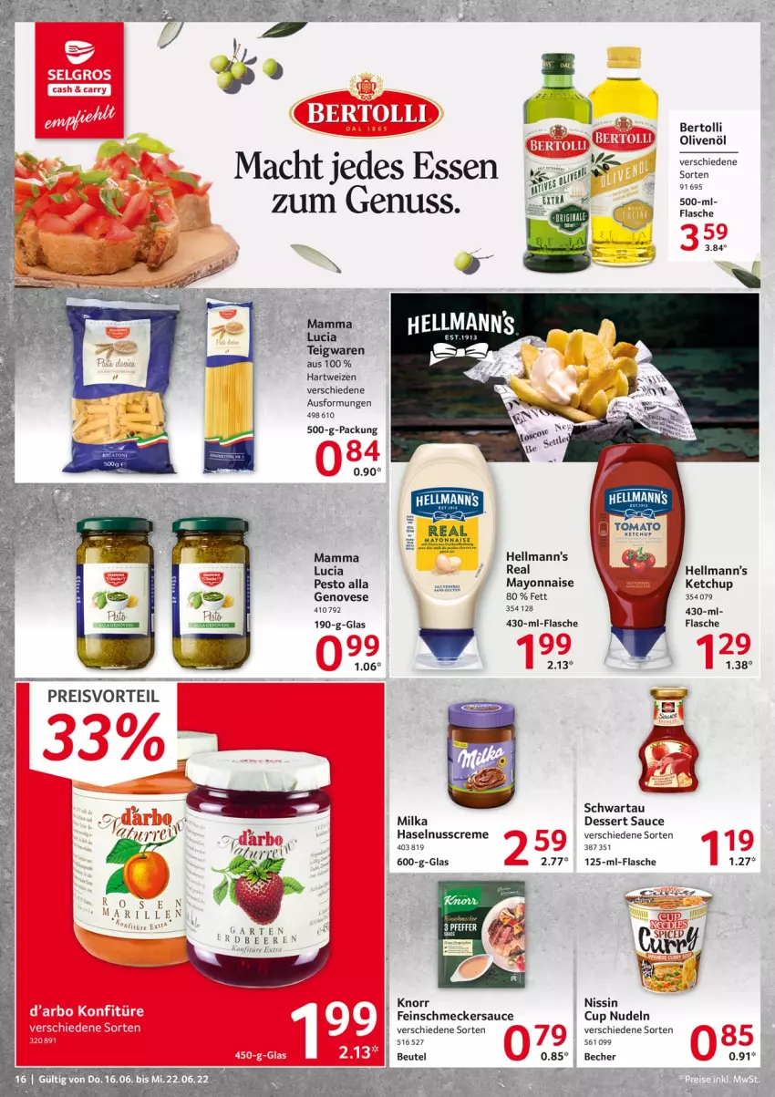 Aktueller Prospekt Selgros - Food - von 16.06 bis 22.06.2022 - strona 16 - produkty: Becher, beere, beeren, bertolli, creme, dessert, eis, erdbeere, erdbeeren, feinschmecker, flasche, Garten, genovese, hartweizen, haselnuss, Haselnusscreme, ketchup, knorr, konfitüre, konfitüre extra, mac, mam, mayonnaise, milka, Nissin, nudel, nudeln, nuss, olive, oliven, olivenöl, pesto, reis, sauce, Schwartau, teigwaren, Yo