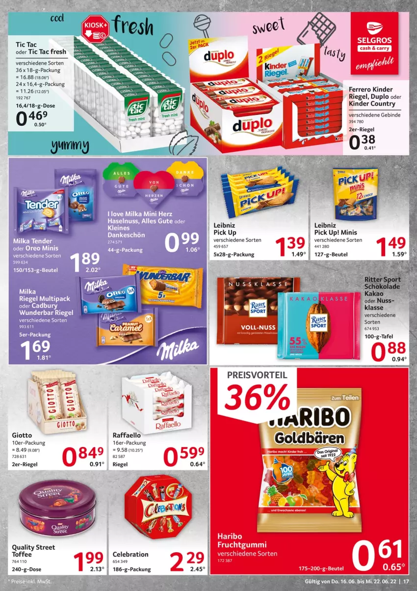 Aktueller Prospekt Selgros - Food - von 16.06 bis 22.06.2022 - strona 17 - produkty: beutel, duplo, ferrero, frucht, fruchtgummi, giotto, haribo, kakao, Kinder, kinder country, kinder riegel, leibniz, LG, nuss, Pick Up!, raffaello, riegel, schoko, schokolade, Ti