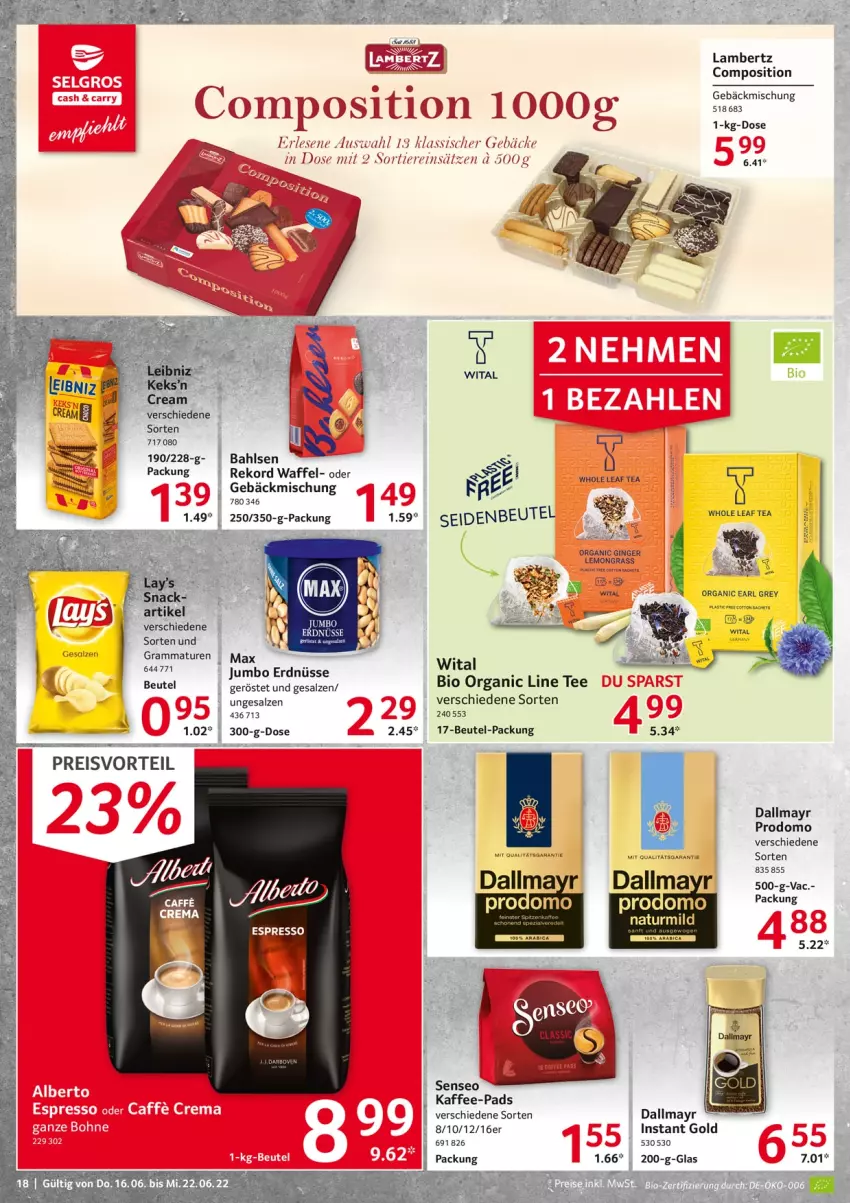 Aktueller Prospekt Selgros - Food - von 16.06 bis 22.06.2022 - strona 18 - produkty: Amber, beutel, bio, Clin, dallmayr, erdnüsse, espresso, gebäckmischung, gin, ginger, jumbo, kaffee, kaffee-pads, lambertz, natur, prodomo, salz, senseo, Ti, Tiere