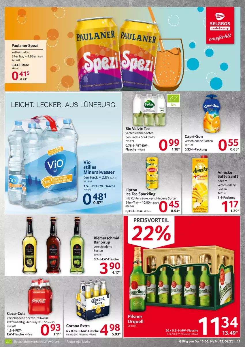 Aktueller Prospekt Selgros - Food - von 16.06 bis 22.06.2022 - strona 19 - produkty: Alwa, bio, Cap, capri-sun, coca-cola, cola, corona, corona extra, eis, flasche, ice tea, LG, lipton, mineralwasser, mw-flasche, Paula, paulaner, pils, pilsner, preisvorteil, reis, sirup, Spezi, tee, Ti, vita, volvic, wasser