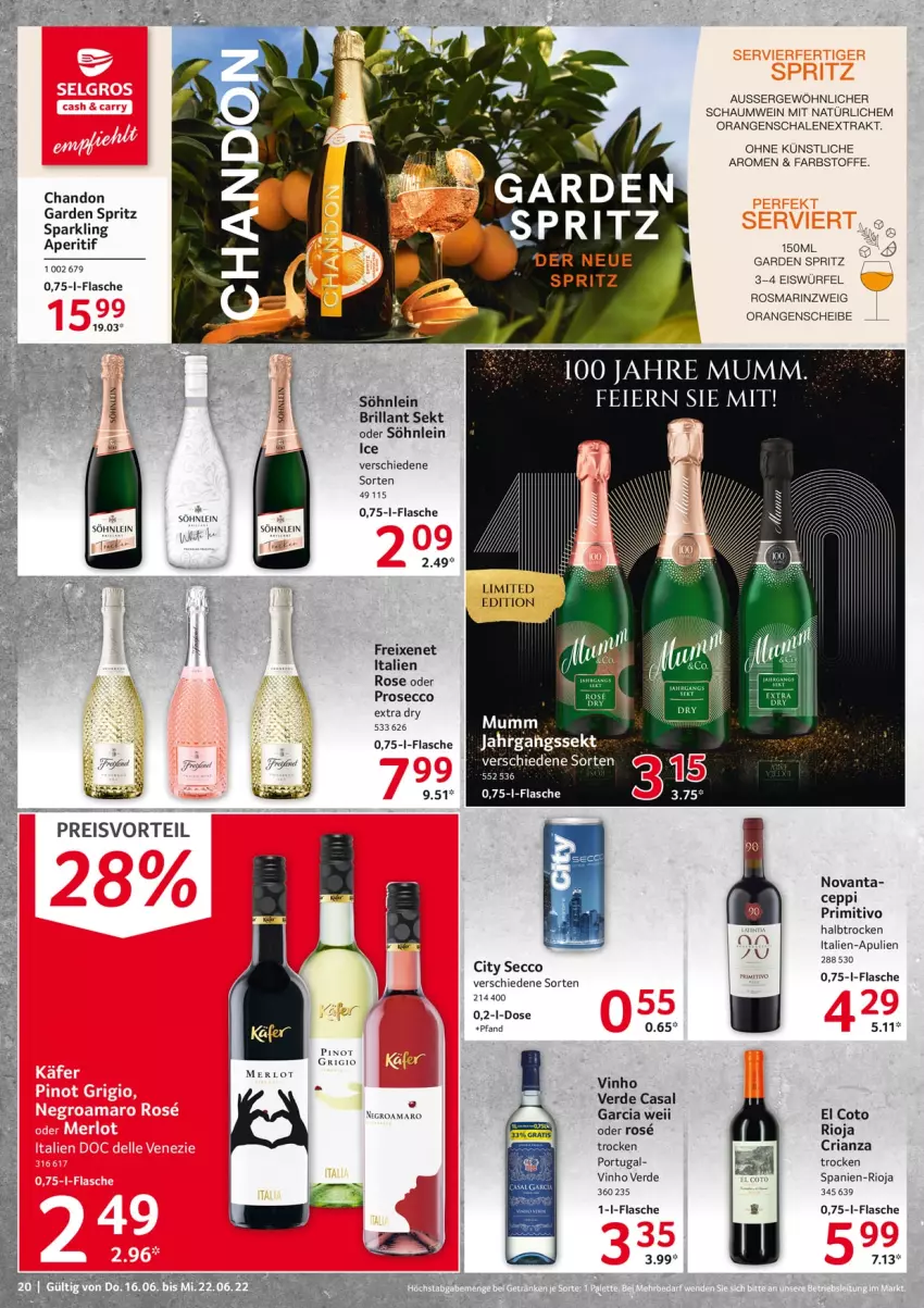 Aktueller Prospekt Selgros - Food - von 16.06 bis 22.06.2022 - strona 20 - produkty: amaro, aperitif, brillant sekt, ecco, eis, eiswürfel, erde, flasche, freixenet, LG, merl, merlot, mumm, orange, orangen, primitivo, prosecco, reis, Ria, rioja, rosmarin, Schal, Schale, sekt, söhnlein, Ti, vinho verde, wein, würfel