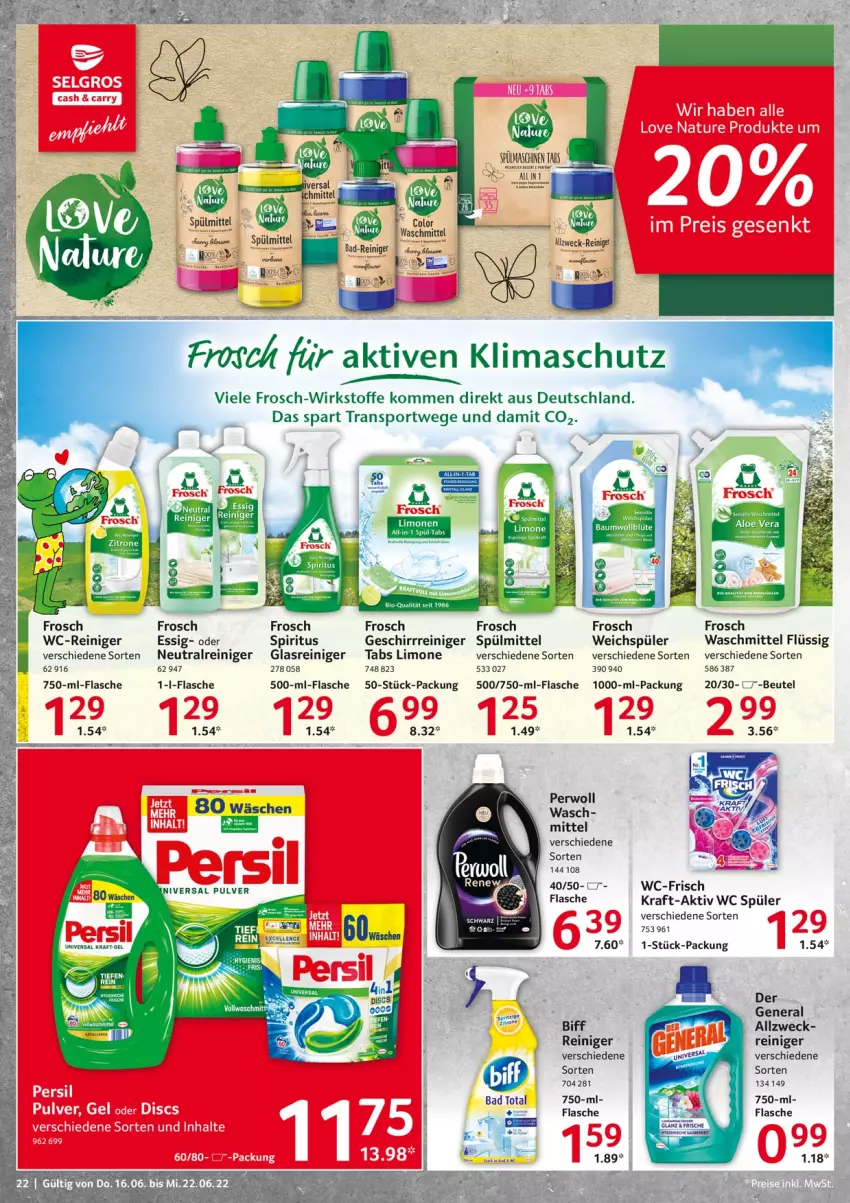 Aktueller Prospekt Selgros - Food - von 16.06 bis 22.06.2022 - strona 22 - produkty: Bad, biff, bio, essig, flasche, Frosch, geschirr, Glasreiniger, kraft, LG, limo, natur, reiniger, spiritus, Sport, spülmittel, Ti, waschmittel, wc-reiniger, weck, weichspüler