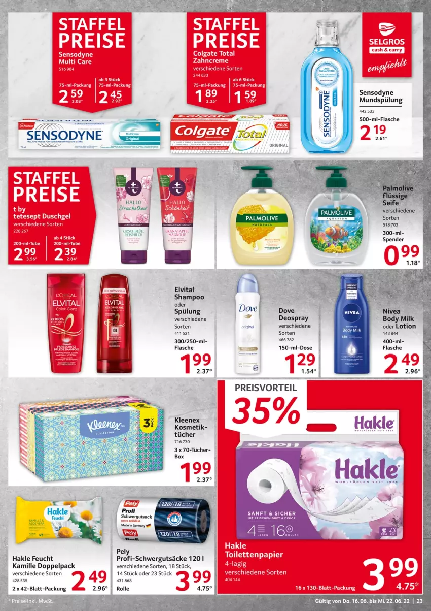 Aktueller Prospekt Selgros - Food - von 16.06 bis 22.06.2022 - strona 23 - produkty: aloe vera, body, body milk, dusche, eis, elvital, flasche, Germ, gin, hakle, Kamill, kamille, kirsch, kosmetik, milch, mundspülung, pely, reis, sac, sensodyne, shampoo, shampoo oder spülung, spülung, Ti, tücher, vita