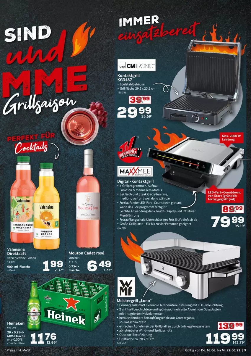 Aktueller Prospekt Selgros - Food - von 16.06 bis 22.06.2022 - strona 9 - produkty: direktsaft, edelstahl, eis, elle, ente, fisch, flasche, grill, grillfläche, grillplatte, heineken, kontaktgrill, latte, Laufen, LG, Meister, mw-flasche, orange, rhabarber, riegel, saft, Schal, Schale, spülmaschinen, steak, tee, Ti, valensina