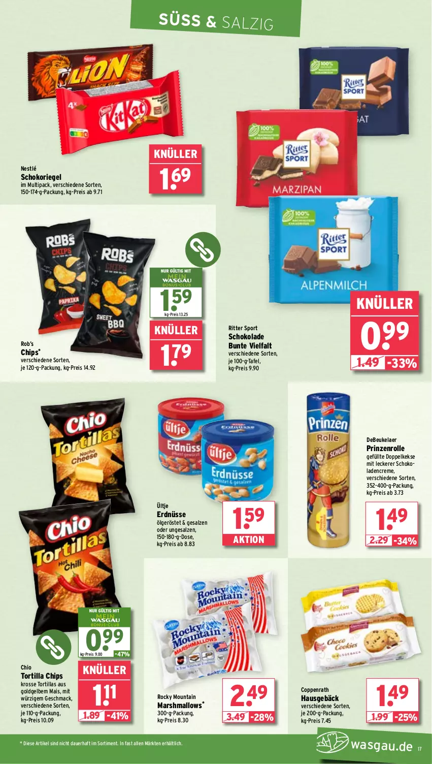 Aktueller Prospekt Wasgau - von 13.05 bis 18.05.2024 - strona 17 - produkty: auer, chips, coppenrath, creme, debeukelaer, Doppelkekse, eis, erdnüsse, keks, kekse, LG, mac, mais, mars, nestlé, prinzenrolle, reis, riegel, ritter, ritter sport, salz, schoko, schokolade, schokoladen, schokoriegel, Sport, Ti, tortilla, Tortilla Chips, tortillas, ültje, ültje erdnüsse