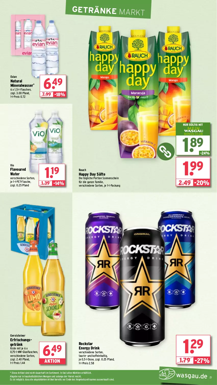 Aktueller Prospekt Wasgau - von 13.05 bis 18.05.2024 - strona 21 - produkty: Alwa, angebot, auer, drink, eis, energy drink, erfrischungsgetränk, flasche, gerolsteine, gerolsteiner, getränk, getränke, glasflasche, Happy Day, mineralwasser, natur, natura, pet-flasche, Rauch, reis, Rockstar, säfte, steiner, Ti, wasser