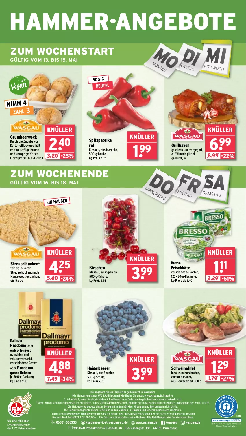 Aktueller Prospekt Wasgau - von 13.05 bis 18.05.2024 - strona 28 - produkty: angebot, angebote, auer, axe, beere, beeren, beutel, bio, bohne, bohnen, braten, Brei, bresso, coffein, dallmayr, dallmayr prodomo, drucker, eis, elle, Engel, filet, frischkäse, geback, gewürz, grill, grillhaxe, Haxe, heidelbeere, heidelbeeren, Kaiser, kartoffel, Käse, kerze, kirsch, kirsche, kirschen, kuchen, latte, paprika, paprika rot, prodomo, reis, rezept, rum, rwe, saft, salz, Schal, Schale, schwein, schweine, schweinefilet, Spitzpaprika, Streuselkuchen, Ti, weck, wein, weine