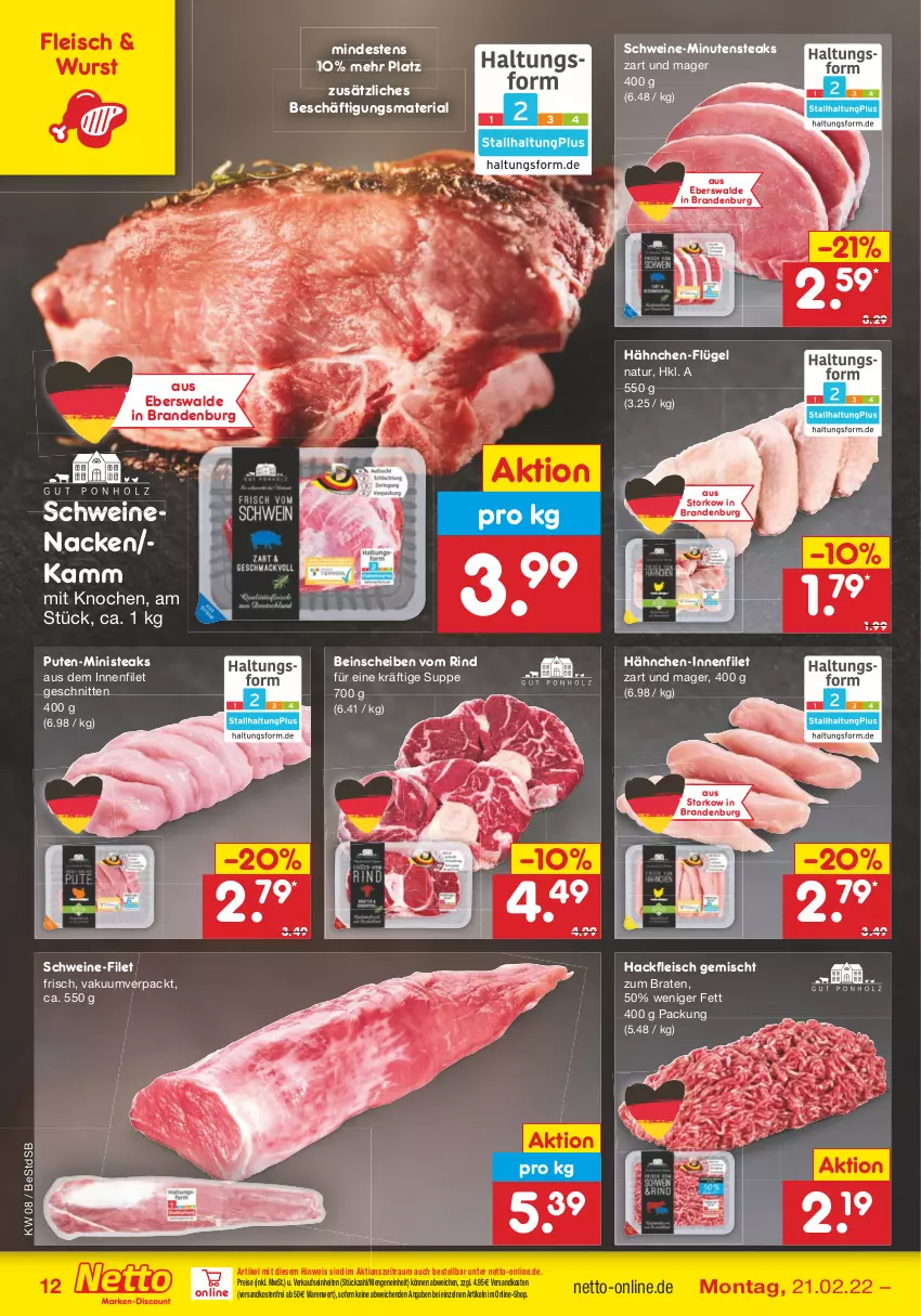 Aktueller Prospekt Netto Marken-Discount - Filial-Angebote - von 21.02 bis 26.02.2022 - strona 12 - produkty: braten, eis, filet, fleisch, hackfleisch, hackfleisch gemischt, minutensteaks, natur, ndk, pute, reis, Ria, rind, schnitten, schwein, schweine, schweine-filet, schweinenacken, steak, steaks, suppe, Ti, versandkostenfrei, wein, weine, wurst