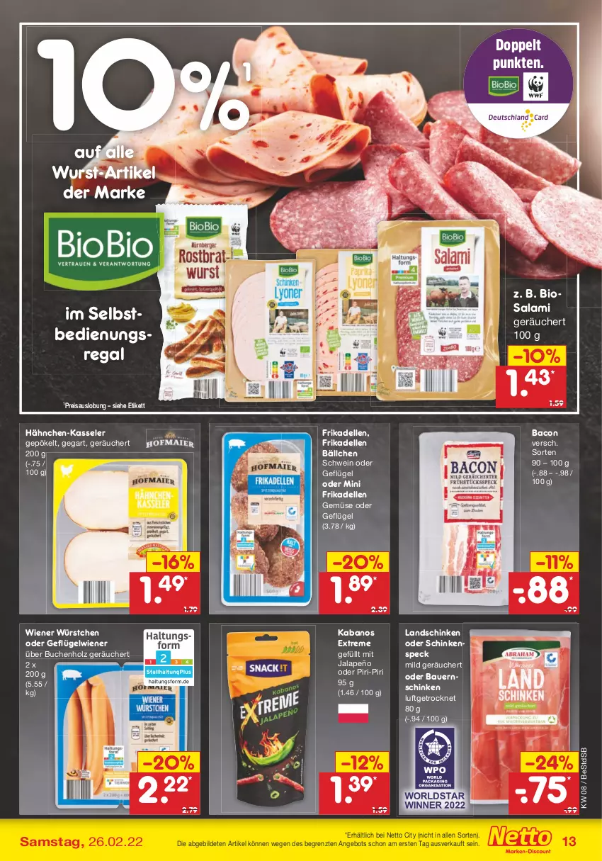 Aktueller Prospekt Netto Marken-Discount - Filial-Angebote - von 21.02 bis 26.02.2022 - strona 13 - produkty: angebot, auer, bacon, Bau, Bauer, Bauernschinken, bio, buch, dell, eis, elle, frikadellen, Geflügel, Holz, jalapeño, kabanos, kasseler, landschinken, regal, reis, salami, schinken, schinkenspeck, schwein, Speck, Ti, wein, wiener, wiener würstchen, wurst, würstchen, ZTE