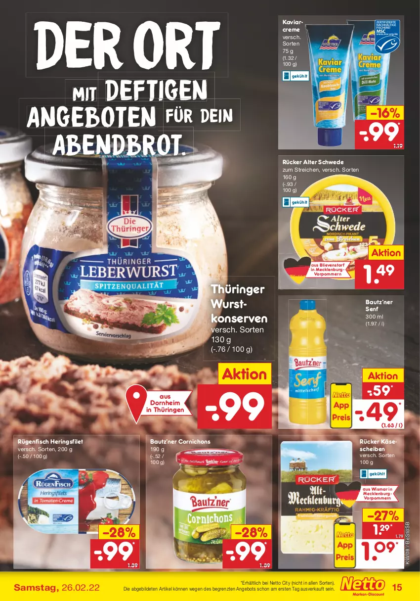 Aktueller Prospekt Netto Marken-Discount - Filial-Angebote - von 21.02 bis 26.02.2022 - strona 15 - produkty: angebot, angebote, Bau, brot, creme, filet, fisch, hering, Herings, Käse, käsescheiben, Konserven, ring, rügenfisch, senf, Ti, wurst, wurstkonserven, ZTE