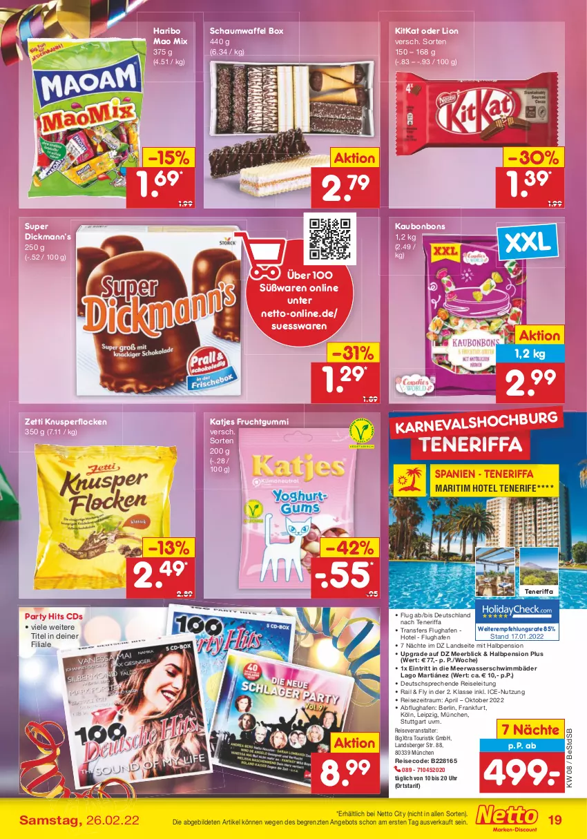 Aktueller Prospekt Netto Marken-Discount - Filial-Angebote - von 21.02 bis 26.02.2022 - strona 19 - produkty: angebot, Berger, bonbons, eis, frucht, fruchtgummi, haribo, katjes, kitkat, Knusperflocken, lion, Meerwasser, pril, reis, reiseveranstalter, Ti, uhr, wasser, ZTE