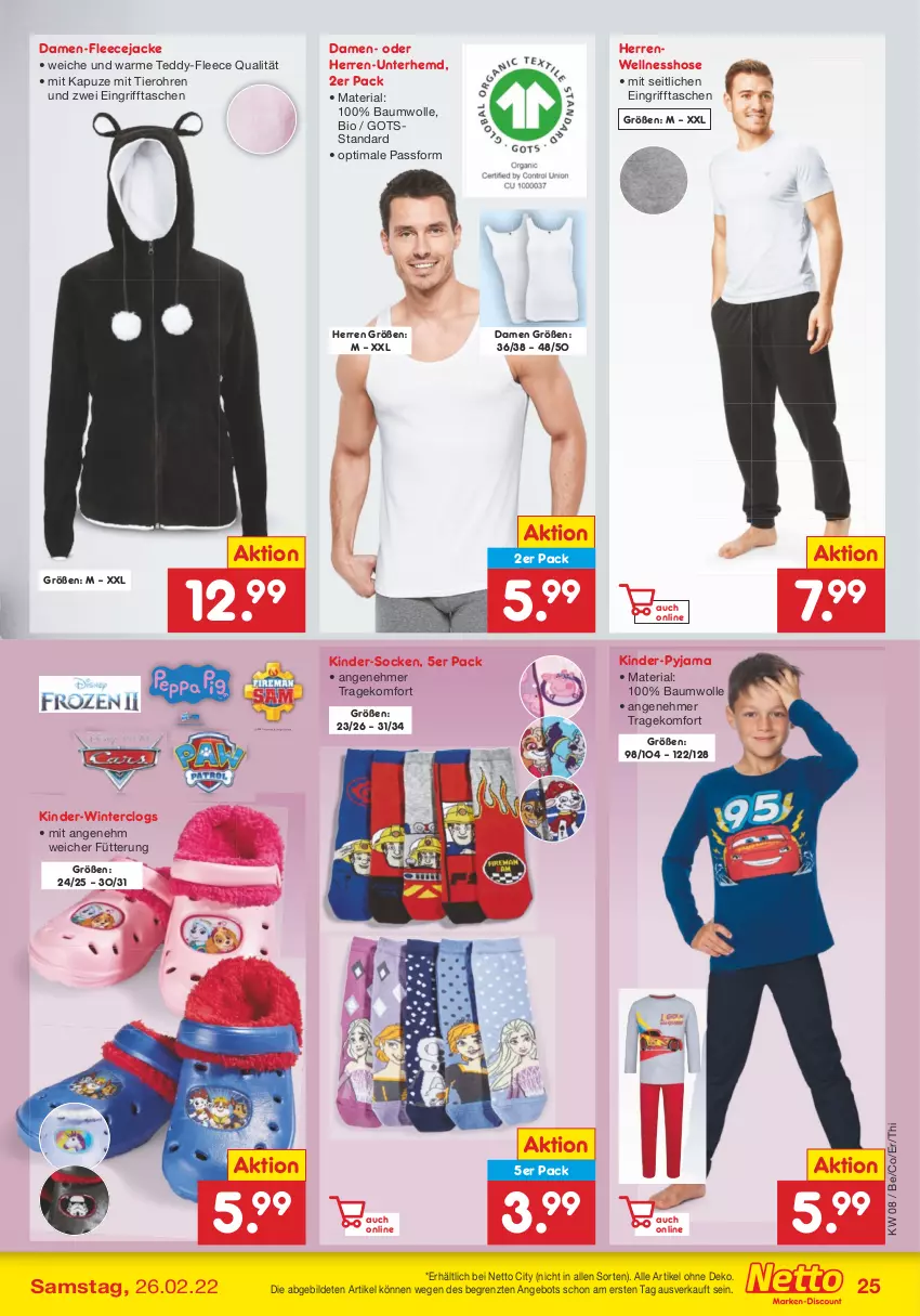 Aktueller Prospekt Netto Marken-Discount - Filial-Angebote - von 21.02 bis 26.02.2022 - strona 25 - produkty: angebot, Bau, baumwolle, bio, Clogs, Fleecejacke, hemd, hose, Jacke, Kinder, Pyjama, Ria, socken, Tasche, taschen, Ti, Unterhemd, Winterclogs, wolle, ZTE