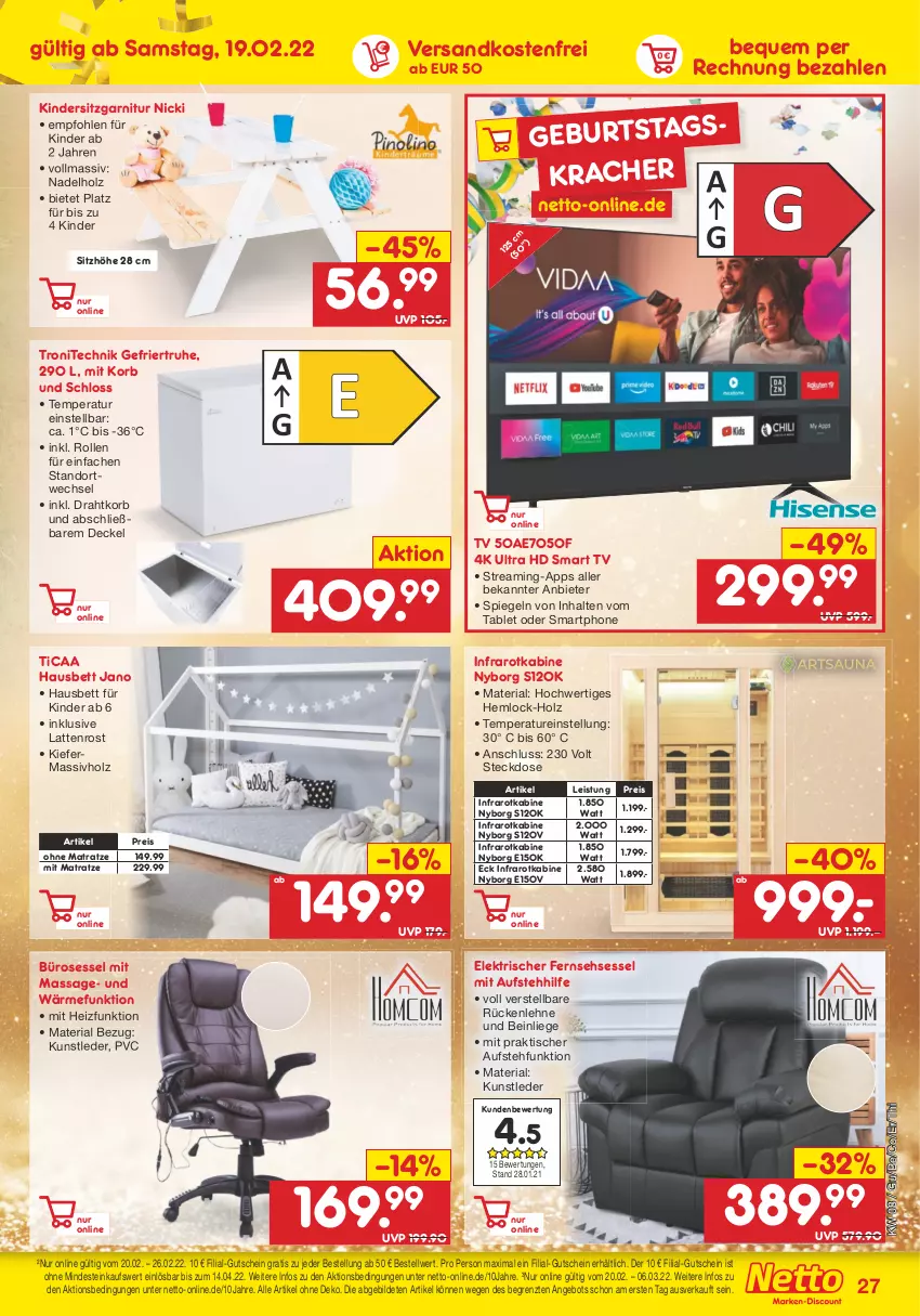 Aktueller Prospekt Netto Marken-Discount - Filial-Angebote - von 21.02 bis 26.02.2022 - strona 27 - produkty: angebot, bett, decke, Deckel, Draht, eis, garnitur, gutschein, Holz, Kinder, Kindersitz, korb, kracher, latte, lattenrost, Liege, massivholz, matratze, ndk, ohne matratze, reis, Ria, rückenlehne, sessel, Sitzhöhe, smart tv, smartphone, spiegel, steckdose, tablet, Ti, tisch, usb, versandkostenfrei, ZTE