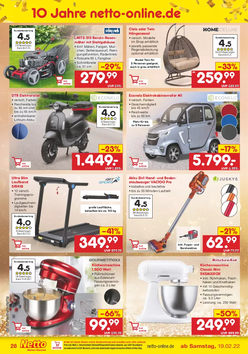 Aktueller Prospekt Netto Marken-Discount - Filial-Angebote - von 21.02 bis 26.02.2022 - strona 28 - produkty: akku, beutel, bodenstaubsauger, Brei, dell, edelstahl, eis, Elektro, Elektroroller, elle, hängesessel, küche, Küchen, küchenmaschine, LG, Mode, ndk, rasen, rasenmäher, Reinigung, reis, Roller, Rührschüssel, schüssel, sessel, staubsauger, Ti, versandkostenfrei