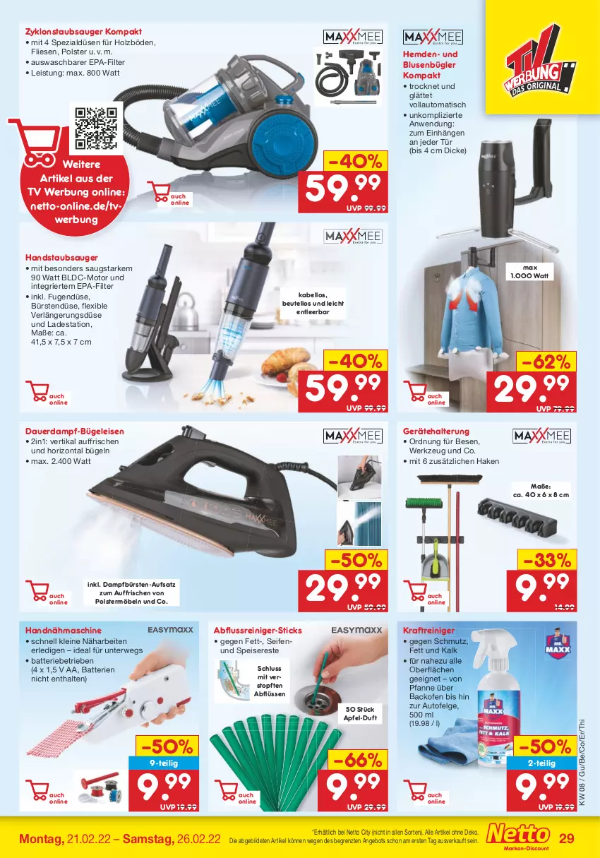 Aktueller Prospekt Netto Marken-Discount - Filial-Angebote - von 21.02 bis 26.02.2022 - strona 29 - produkty: angebot, apfel, auer, auto, backofen, batterie, batterien, beutel, bluse, bügel, Bügeleisen, bürste, bürsten, eis, handstaubsauger, hemd, hemden, Holz, kraft, leine, LG, möbel, Nähmaschine, Ofen, pfanne, reiniger, rwe, Seife, Spezi, staubsauger, Ti, tisch, topf, werkzeug, ZTE