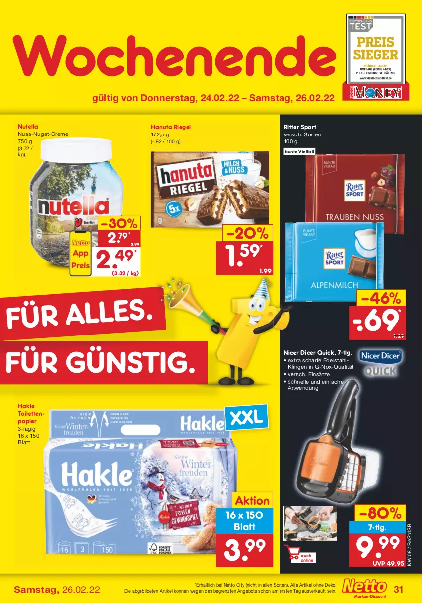 Aktueller Prospekt Netto Marken-Discount - Filial-Angebote - von 21.02 bis 26.02.2022 - strona 31 - produkty: angebot, creme, edelstahl, elle, hakle, hakle toilettenpapier, hanuta, LG, nuss, nuss-nugat-creme, nutella, papier, riegel, ritter, ritter sport, Sport, Ti, toilettenpapier, ZTE