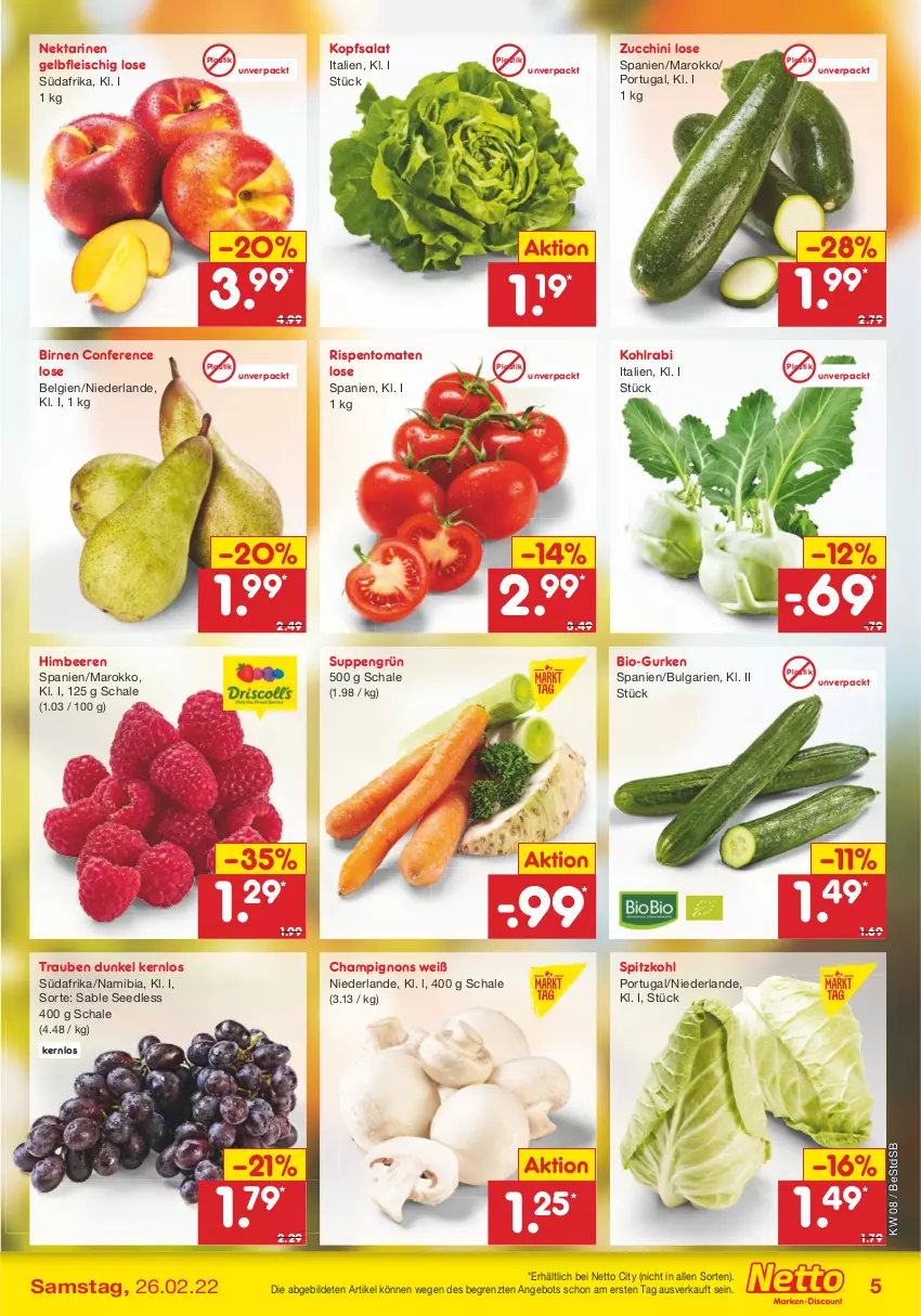 Aktueller Prospekt Netto Marken-Discount - Filial-Angebote - von 21.02 bis 26.02.2022 - strona 5 - produkty: angebot, asti, beere, beeren, bio, Birnen, champignon, champignons, eis, fleisch, gurke, gurken, himbeer, himbeere, himbeeren, kohlrabi, kopfsalat, LG, Nektar, nektarinen, rispentomaten, salat, Schal, Schale, spitzkohl, suppe, suppen, Ti, tomate, tomaten, trauben, ZTE, zucchini