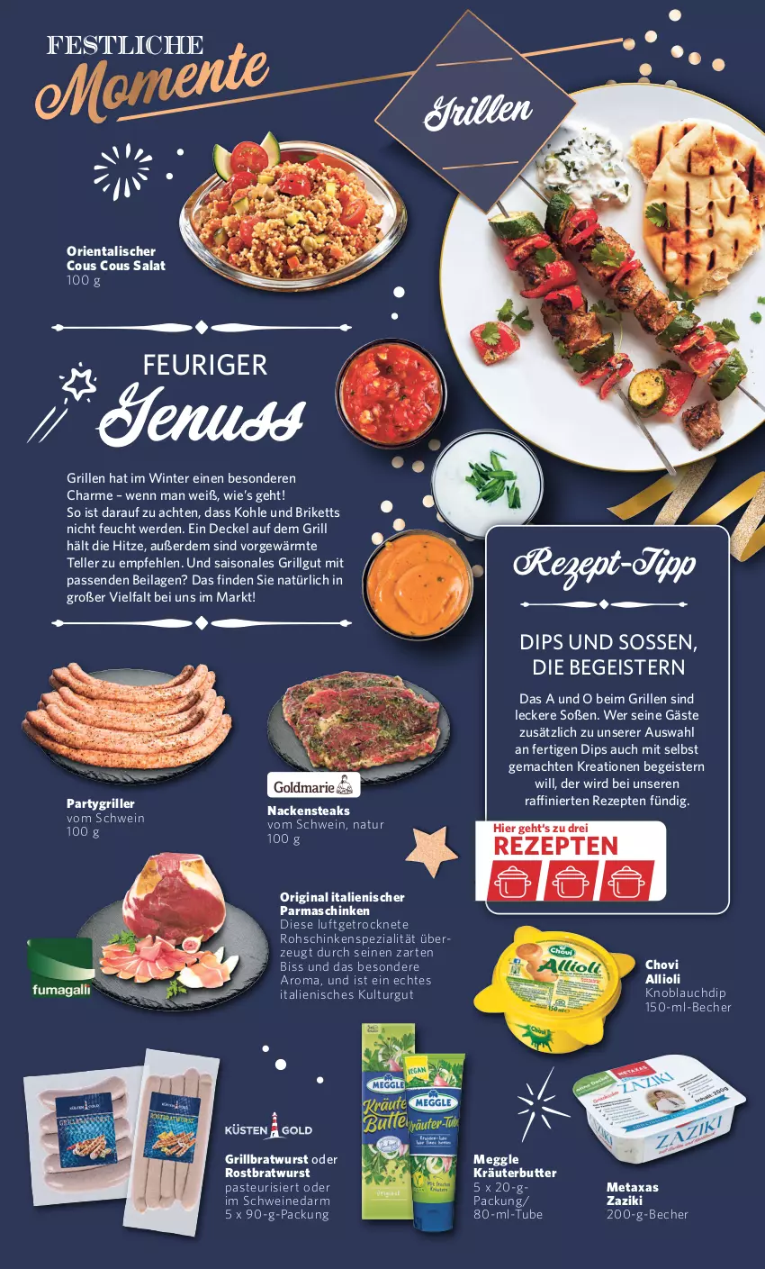 Aktueller Prospekt Combi - Prospekte - von 27.12 bis 30.12.2023 - strona 18 - produkty: allioli, Becher, bratwurst, briketts, butter, chovi, Cous Cous, decke, Deckel, dip, eis, elle, erde, gin, grill, grillbratwurst, ilag, knoblauch, Knoblauchdip, kräuter, kräuterbutter, LG, mac, meggle, Metaxa, Nackensteak, nackensteaks, natur, nuss, parmaschinken, rezept, rezept-tipp, rezepte, rohschinken, rostbratwurst, salat, schinken, schwein, schweine, Soße, Spezi, steak, steaks, teller, Ti, wein, weine, wurst, zaziki