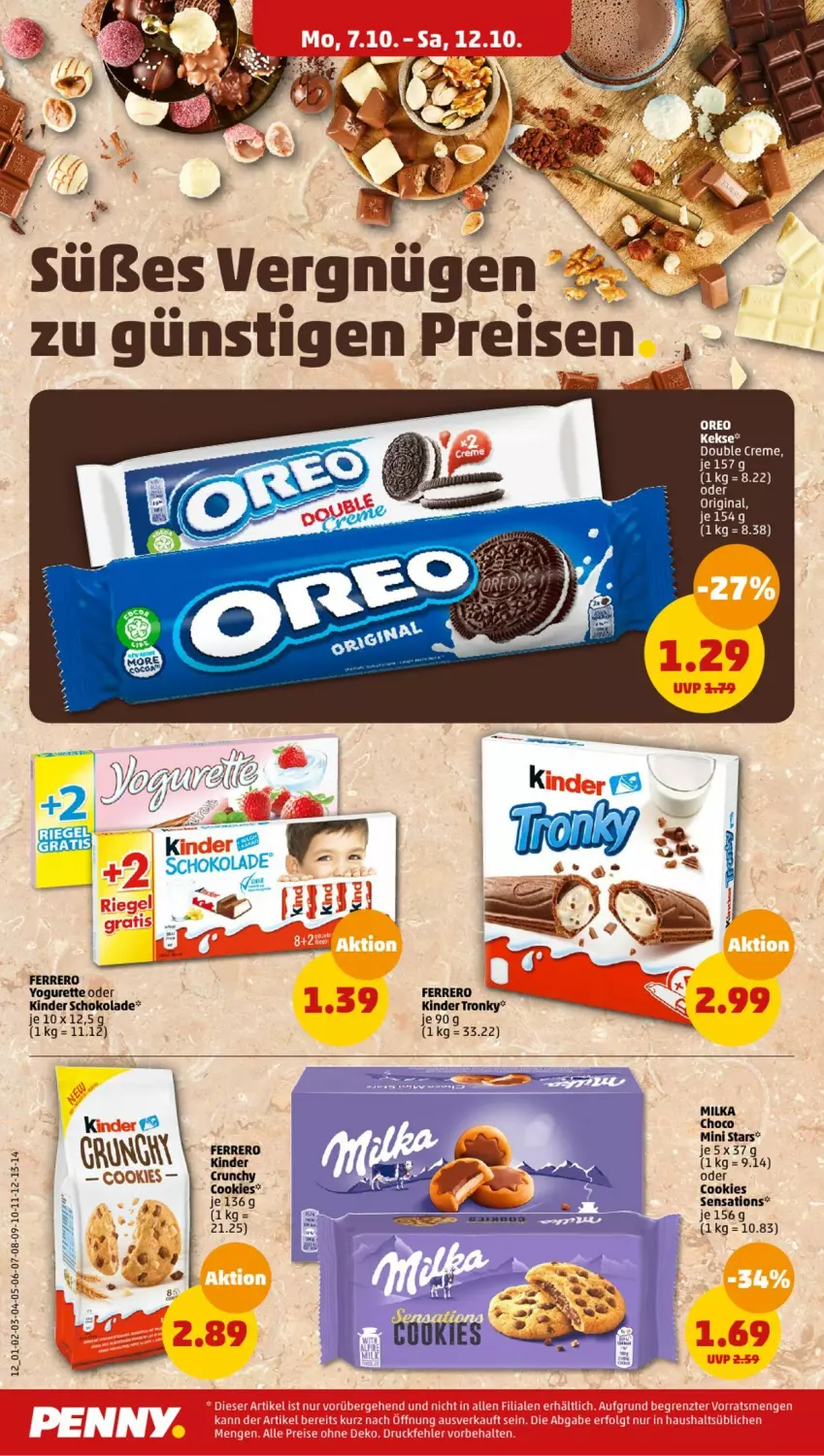 Aktueller Prospekt Penny - Prospekte - von 07.10 bis 12.10.2024 - strona 12 - produkty: cookie, cookies, creme, ferrero, gin, keks, kekse, Kinder, kinder schokolade, milka, schoko, schokolade, sensations, Ti, Yo, yogurette